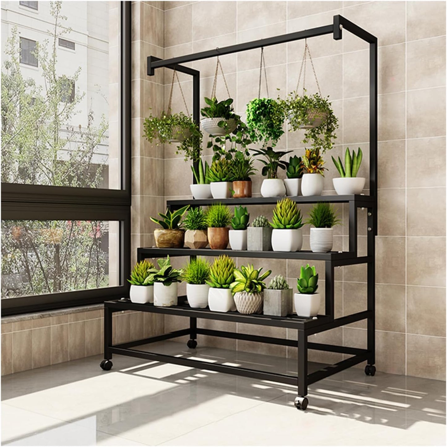 3 Tier Large Metal Plant Stand, with Hanging Tall Plant pot shelf, with Rollers Heavy Duty Plant Holder, for Home/Garden/living room/balcony (BLACK, 47IN)