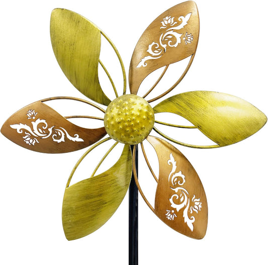Wind Spinners Outdoor Metal, 10.63" W*37" H Pinwheels for Yard and Garden Decor, Kinetic Wind Sculpture Spinner (Gold Ornate Laser-Cut Floral)