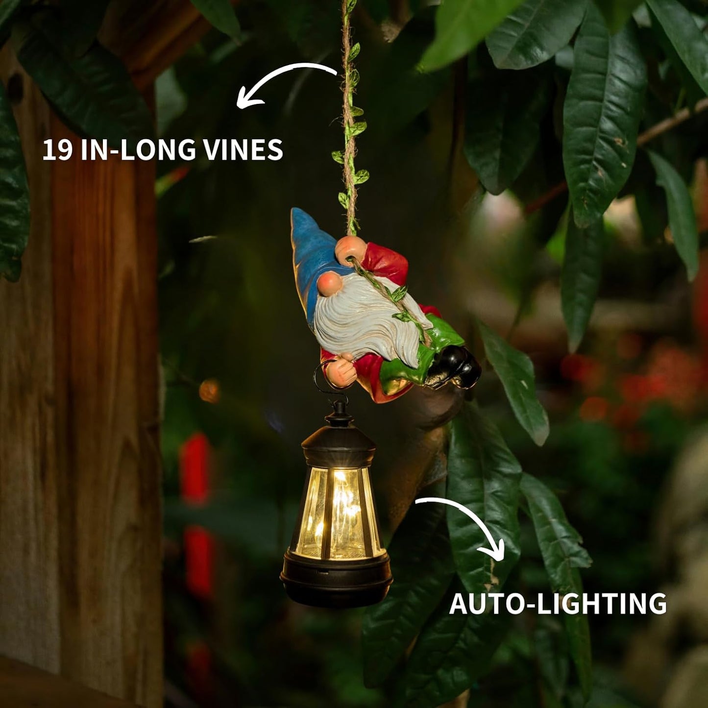 Solar Hanging Gnome Garden Statue Climbing Rope Gnome with LED Lantern Outdoor Decor Tree Hugger Yard Porch Wall Decoration Halloween Christmas Gardening Gift for Mom Women