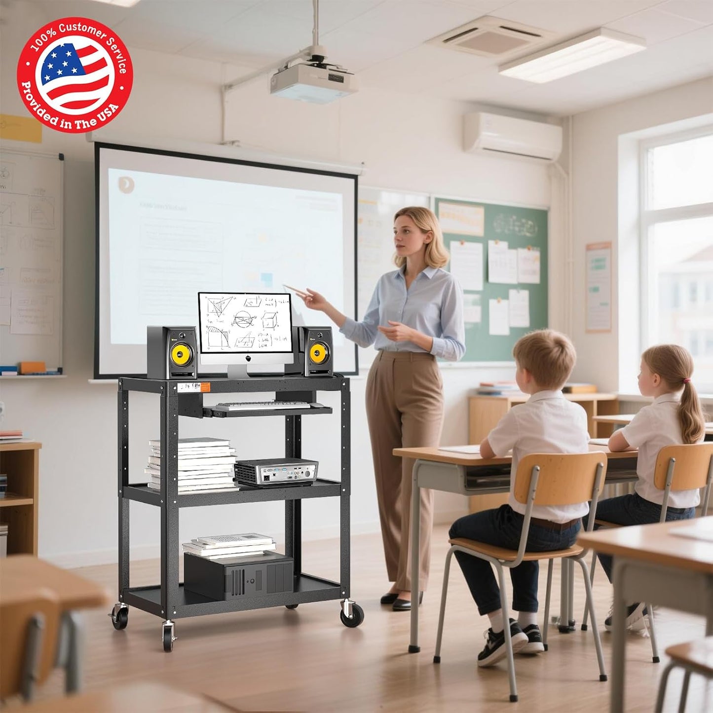 Extra Large Rolling Computer Cart with Power Strip - 3 Tier Steel Utility AV Cart with Wheels - Height Adjustable Mobile Workstation Media Carts for Presentation Office Classroom, 34" x 18" x 42"