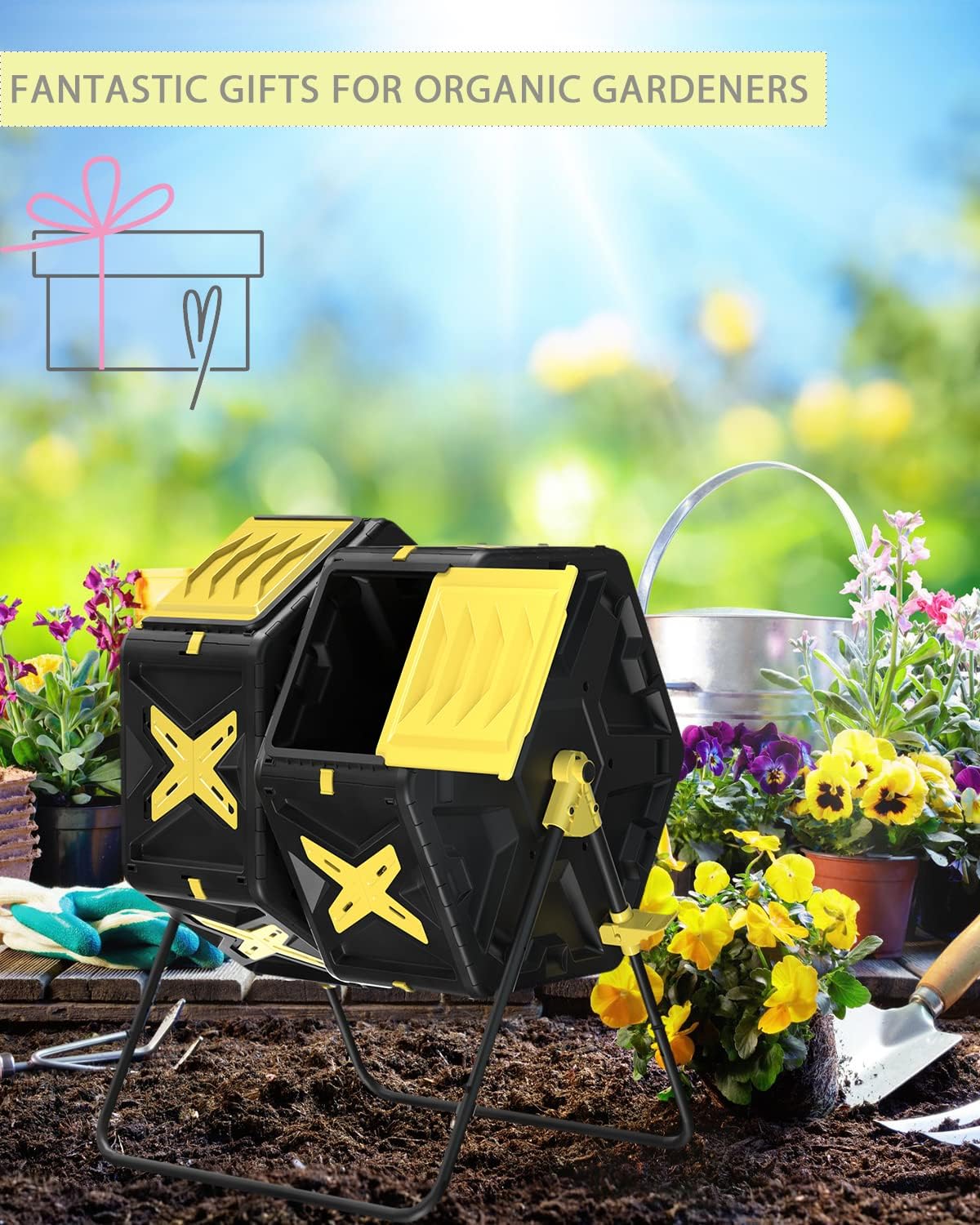 Compost Bin Outdoor - 2 X 18.5 Gal Dual Chamber Compost Tumbler,BPA Free Outdoor Rotating Composter with Easy-Turn, Fast-Working System