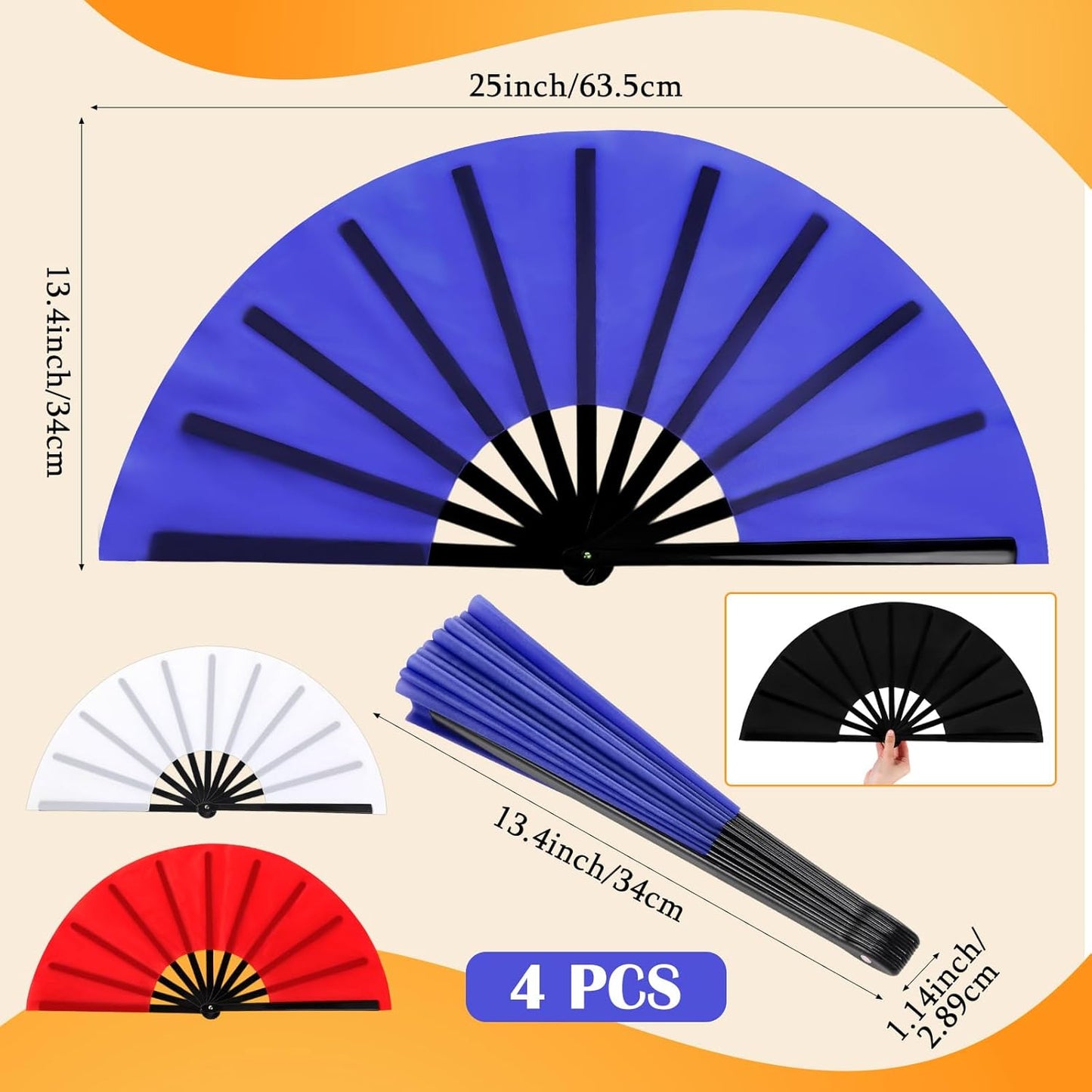 Maitys 4 Packs Large Clap Fans for Line Dancing Large Chinese Folding Hand Fans for Men and Women, Festival, Tai Ji, Kungfu, Martial Art, Gifts (Black,Red,White and Blue)