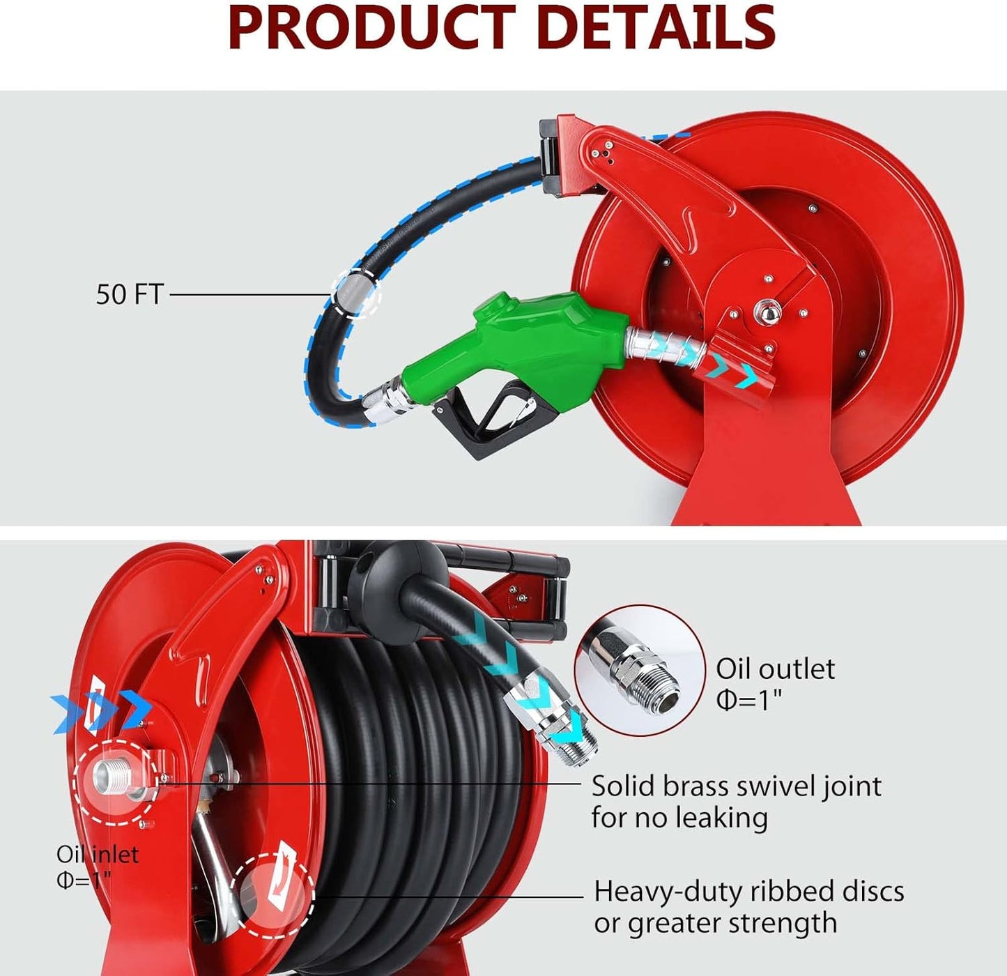 Fuel Hose Reel with Fueling Nozzle, 1" x 50FT Retractable Diesel Hose Reel, 300 PSI Industrial Heavy Duty Auto Swivel Rewind Hose Holder Reels, for Vehicle Tank Truck Trailer Ship