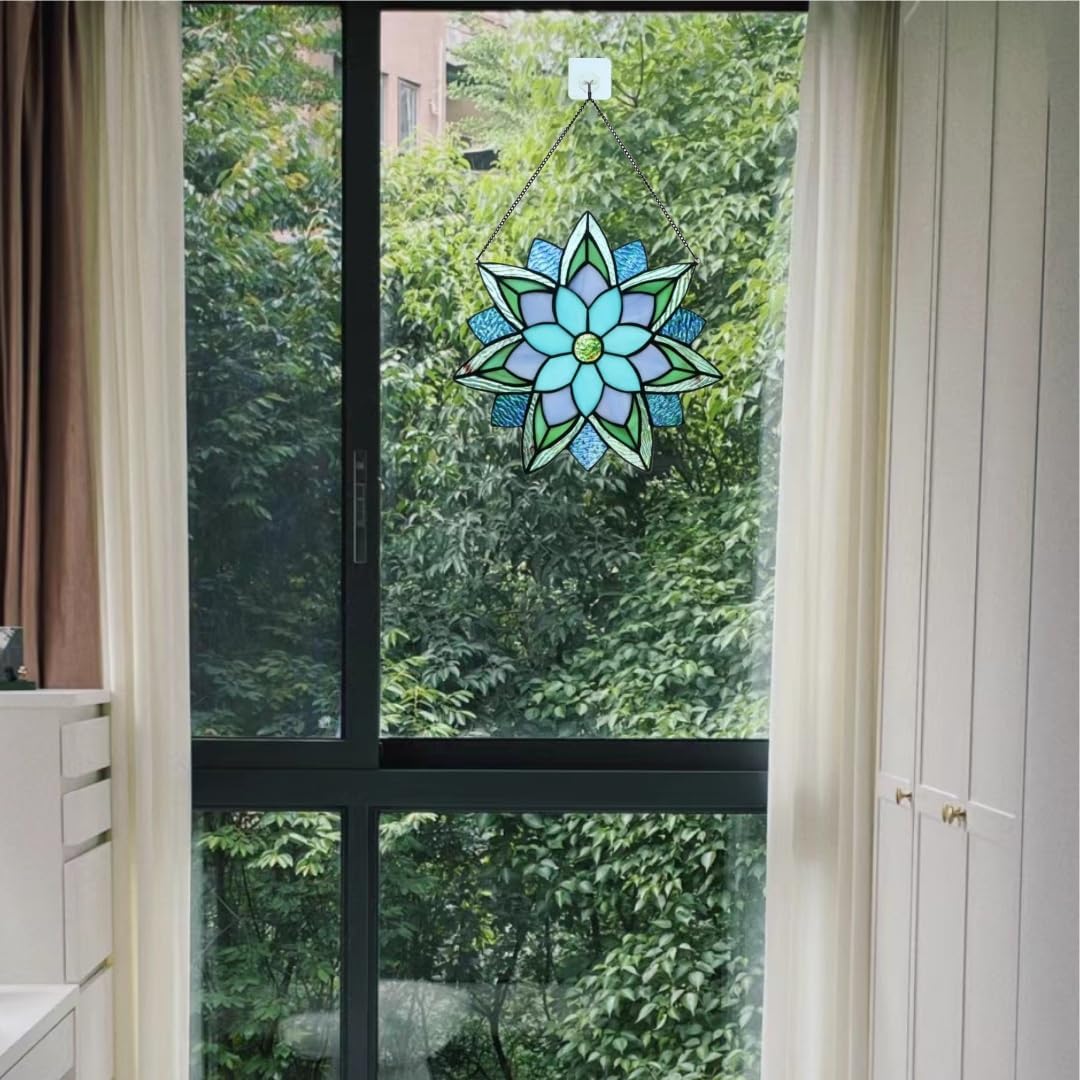 12 Inch Round Stained Glass Window Panel,Handmade Flower Stained Glass Window Hangings, Suncatcher Ornament for Home Décor