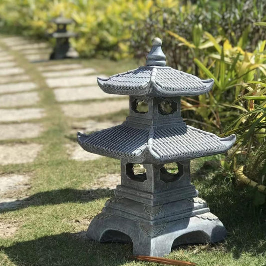 Outdoor Zen Garden Lantern - 2 Tier Pagoda Garden Statue, Stone Lantern, Japanese Style for Zen Lawn Garden Decoration and Christmas Ornament (Dark Gray)