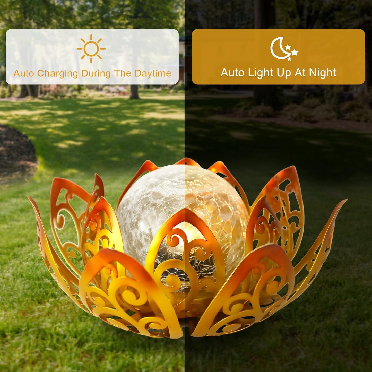 Bshine Solar Outdoor Garden Lotus Decorative Light, Waterproof Metal Cracked Glass Globe LED Lotus Light for Tabletop Decor, Walkway, Lawn Ornaments and Garden, Housewarming Gift (Yellow)