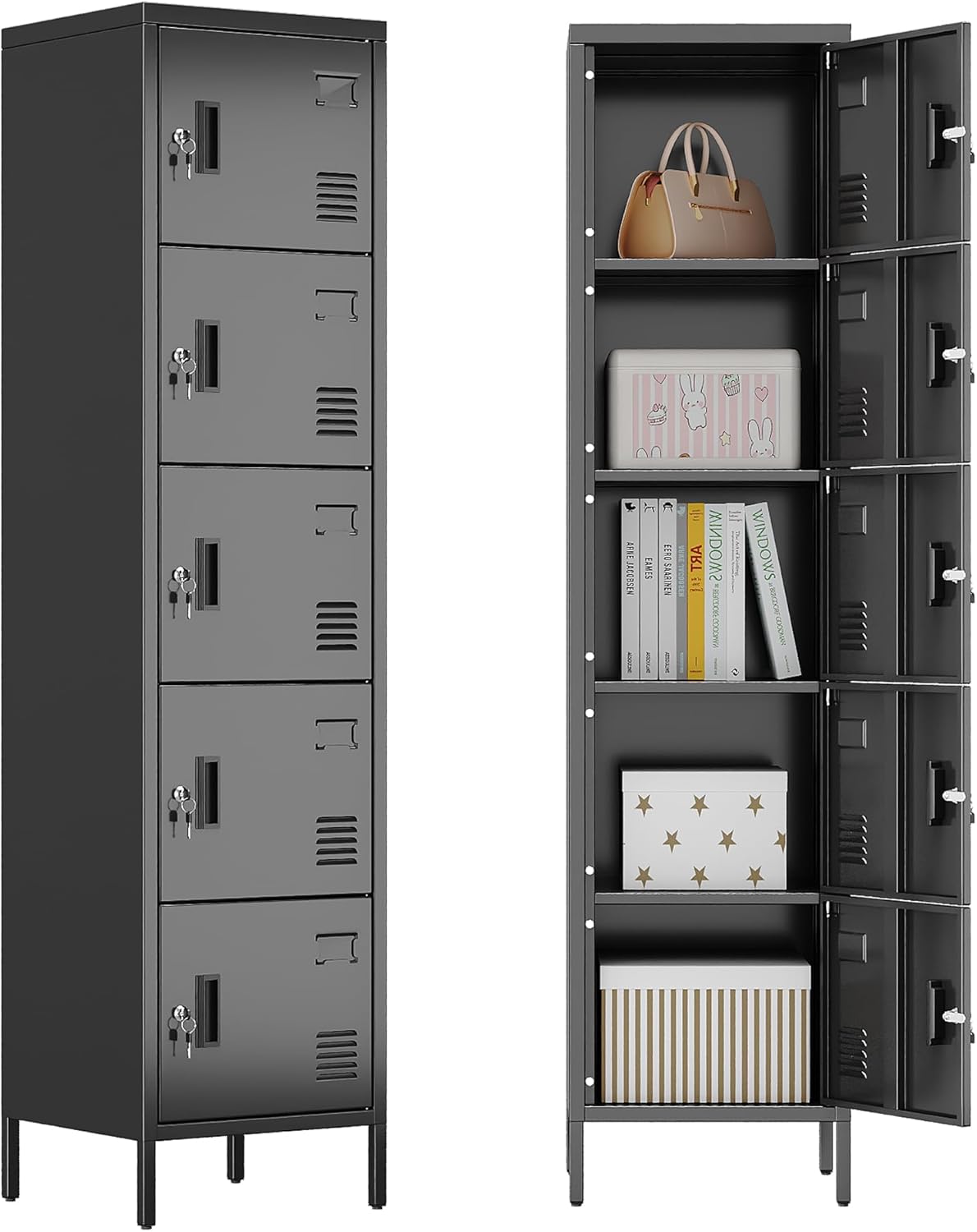 Metal Locker with Lock and Ventilation Holes,Metal Storage Locker with Business Card Slot for Home,Gym,Garage,School,Office,66" H x 15.8" W x 15.8" D Assembly Required,Black