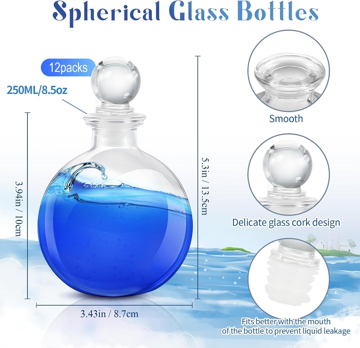 Tessco for you 12 Pcs Potion Bottles Round Glass Clear Potion Jars 8.5 oz Spherical Decorative Witch Bottles Wizard Stuff for Liquor Halloween Decoration DIY Art Crafts Gift (Stylish)