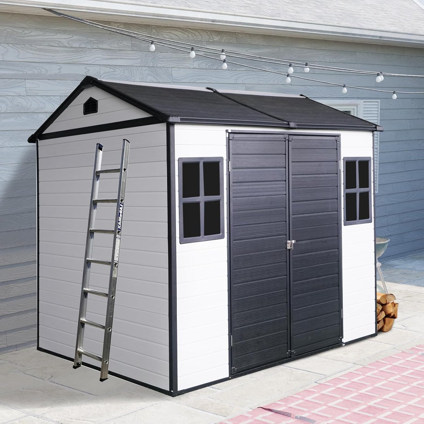 8x6 ft Outdoor Resin Storage Shed with Floor, Waterproof Plastic Garden Shed with Lockable Door and Two Windows, All-Weather Tool Sheds for Backyard, Patio, Lawn (Grey & White)