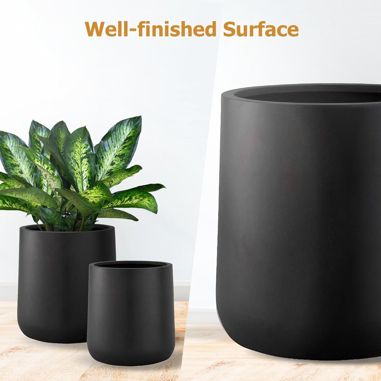 15.3" H x 15" D Conico Fiberstone Round Planter with Drainage Hole, Smooth Finishes, Weather Resistant for Indoor and Outdoor Use, Included 2 Extra Coco Mats (Black, 11.7" Pot Opening)