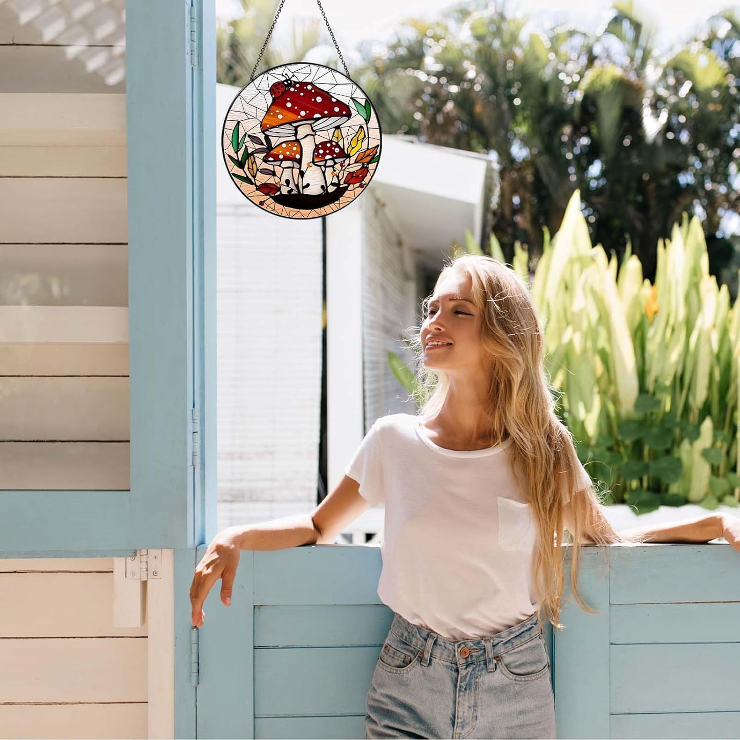 Mushroom Forest Sun Catcher Stained Glass Window Hanging Mushroom Lover Gifts for Women Wall Decor Handmade Sun Catcher Decoration for Home Graden Housewarming Gifts