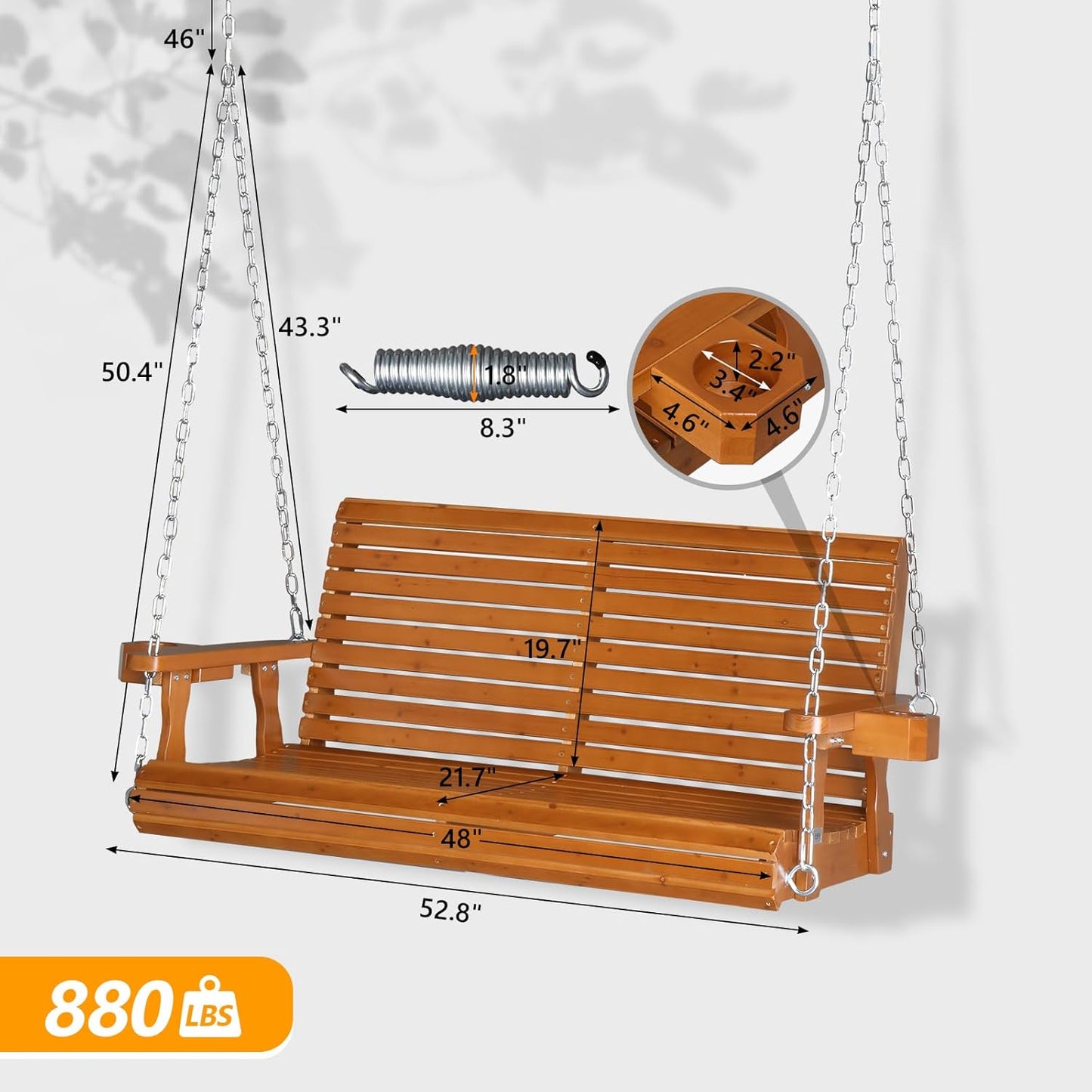 VINGLI XL Size Patio Wooden Porch Swing Outdoor with Cup Holders, Heavy Duty 880 LBS Hanging Swing Chair Bench with Hanging Chains for Yard, Lawn, Garden (4 FT Pro, Brown)