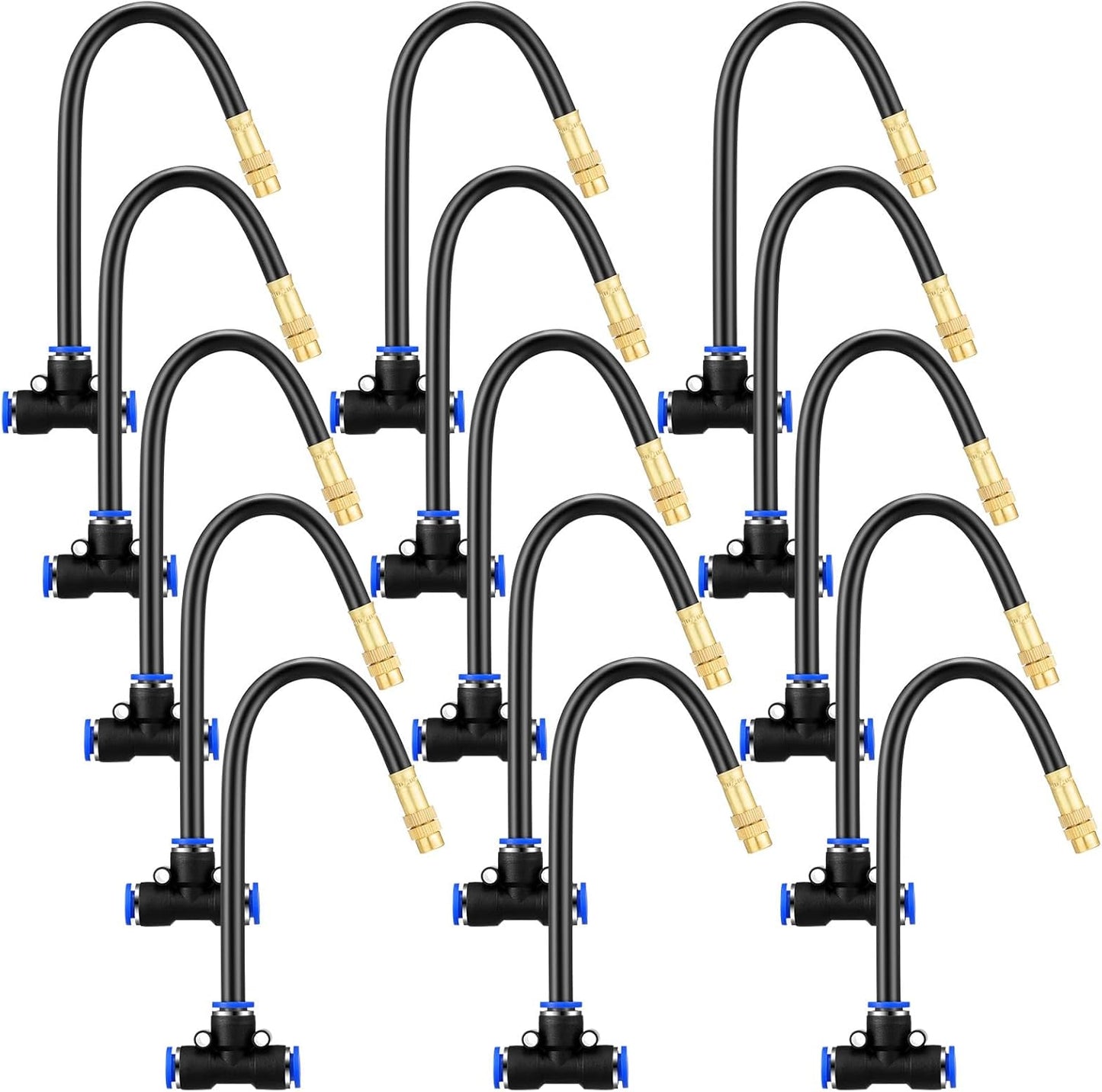 Zonon Brass Misting Nozzles Tee with Built in Hose 360 Degree Rotation Adjustable Water Mister Nozzles Thread Sprayer 0.043" Misting Parts and Accessories for Patio Outdoor Cooling(15 Pcs,8 Inch)