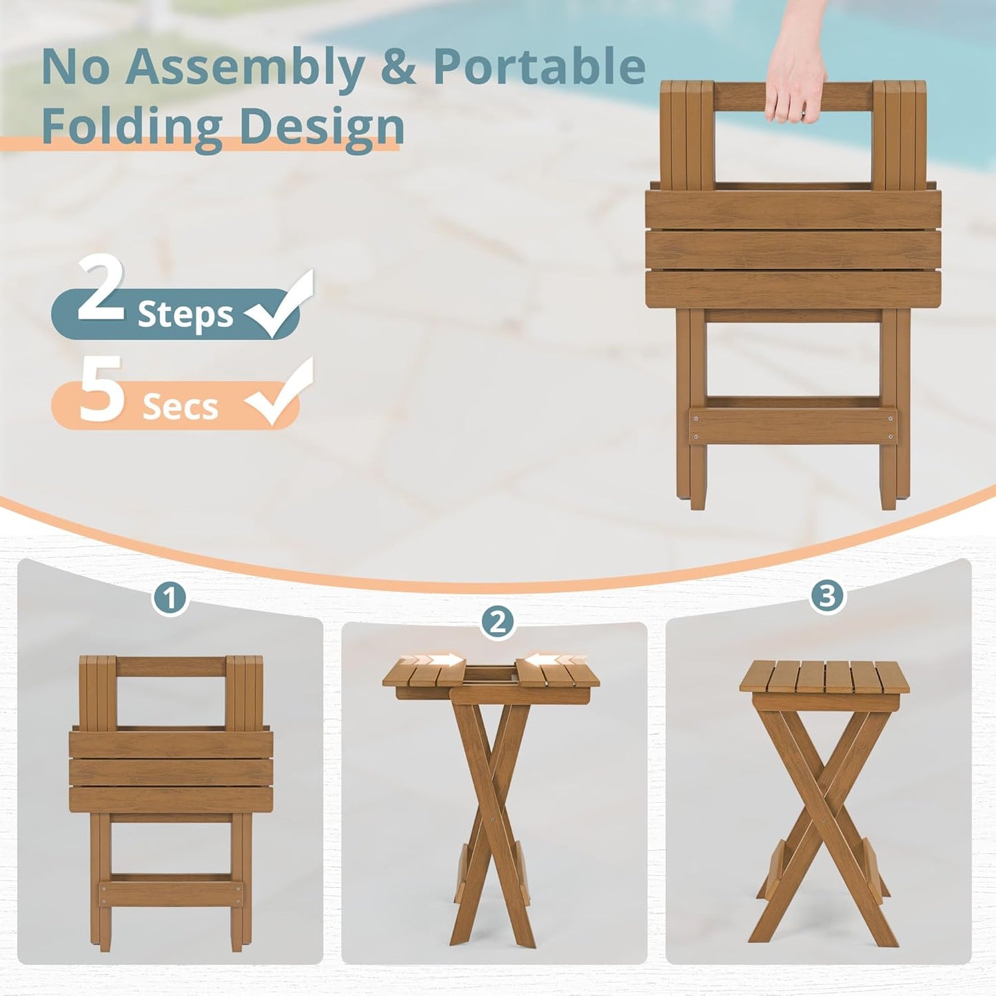 LUE BONA 27 inch Folding Side Table, HDPS Outside End Table for Patio, Porch, Deck, Pool, Weather Resistant, Teak Color Oil Printed