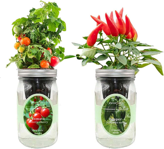 2-Pack Hydroponic Mason Jar Herb Garden Kit, Indoor Herb Garden Self-Watering Starter Kit (Cherry Tomato,Pepper)