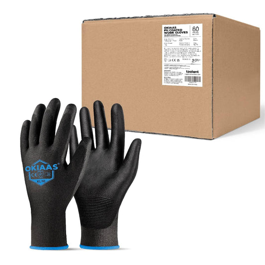 OKIAAS Work Gloves for Men - Ultra Thin and Lightweight With Grip, Bulk Case of 60 Pairs, Polyurethane Coating for Construction and Light Duty Work (Black, X-Large)