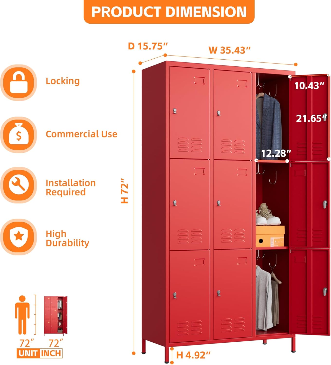 9 Doors Metal Storage Lockers for Employees with 27 Hooks,72" H Employee Lockers with Business Card Holder for Offices School Gyms Home,Assembly Required,Red