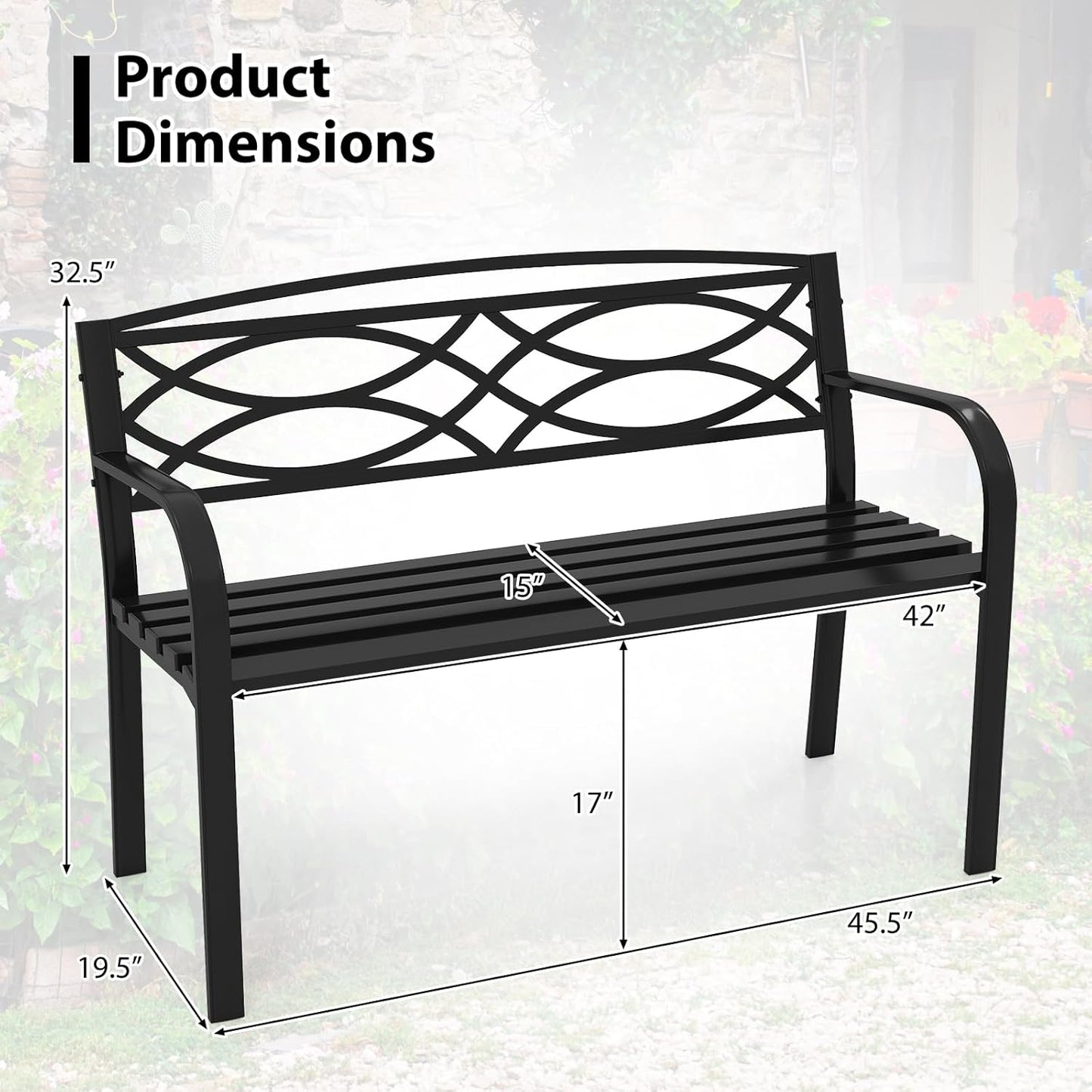 Tangkula Outdoor Metal Garden Park Bench, Heavy-Duty Metal Slatted Loveseat for 2 People with Curved Armrests & Backrest, Patio Park-Style Seating Furniture for Backyard, Poolside, Porch