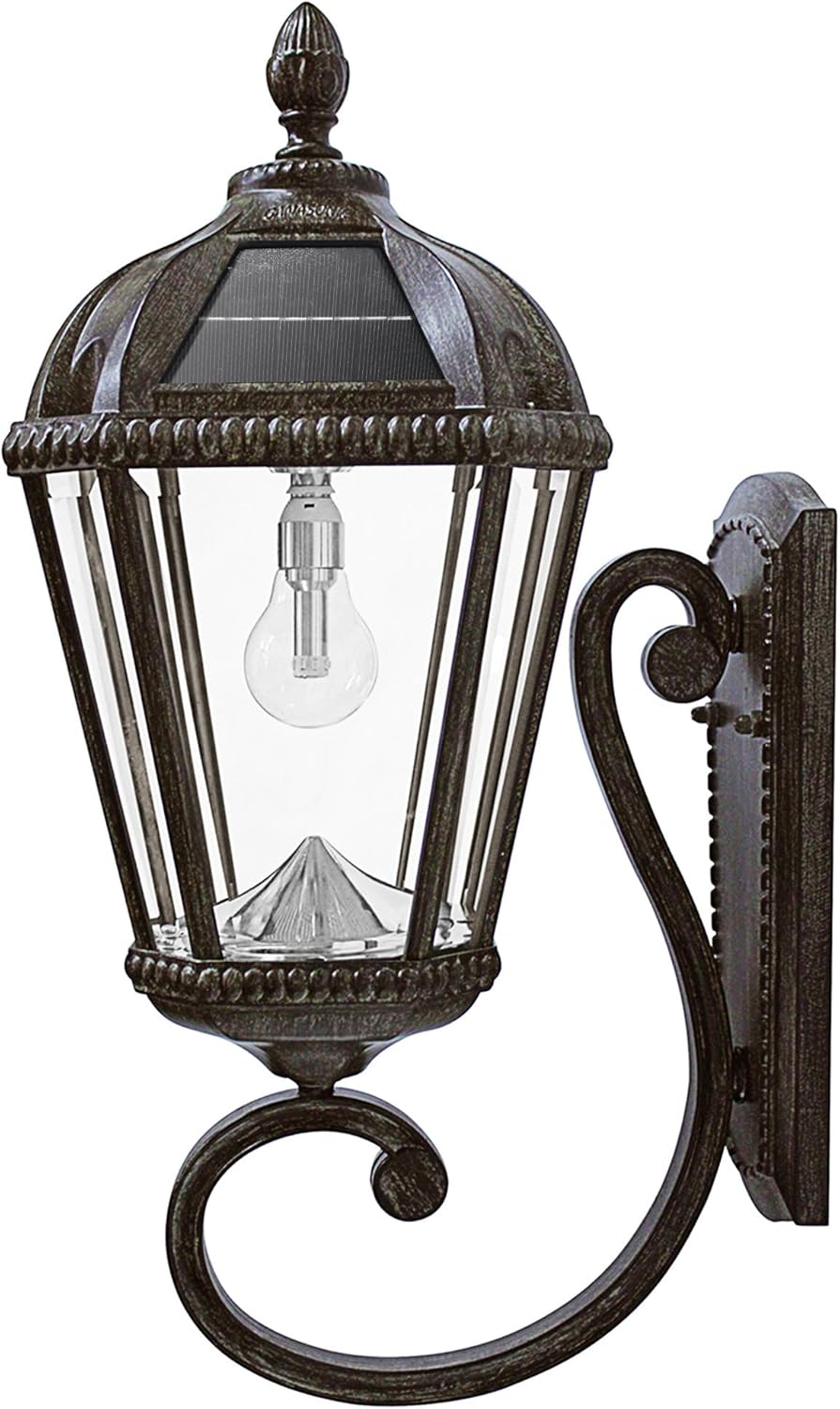 Gama Sonic Solar Outdoor Wall Light, Royal Bulb Exterior Sconce Lamp, Weathered Bronze Finish Aluminum, Rain Water Glass, Warm White LED with Omni-Direction Reflector, 98B310 Upgraded Panel & Battery