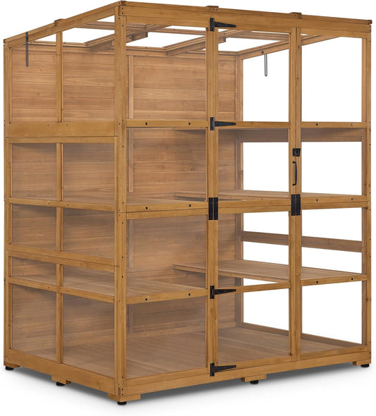 Macrout Wooden Walk-in Greenhouse with Acrylic Panels, Large Greenhouse Outdoor with Openable Roof Vents with Lockable Door, G976