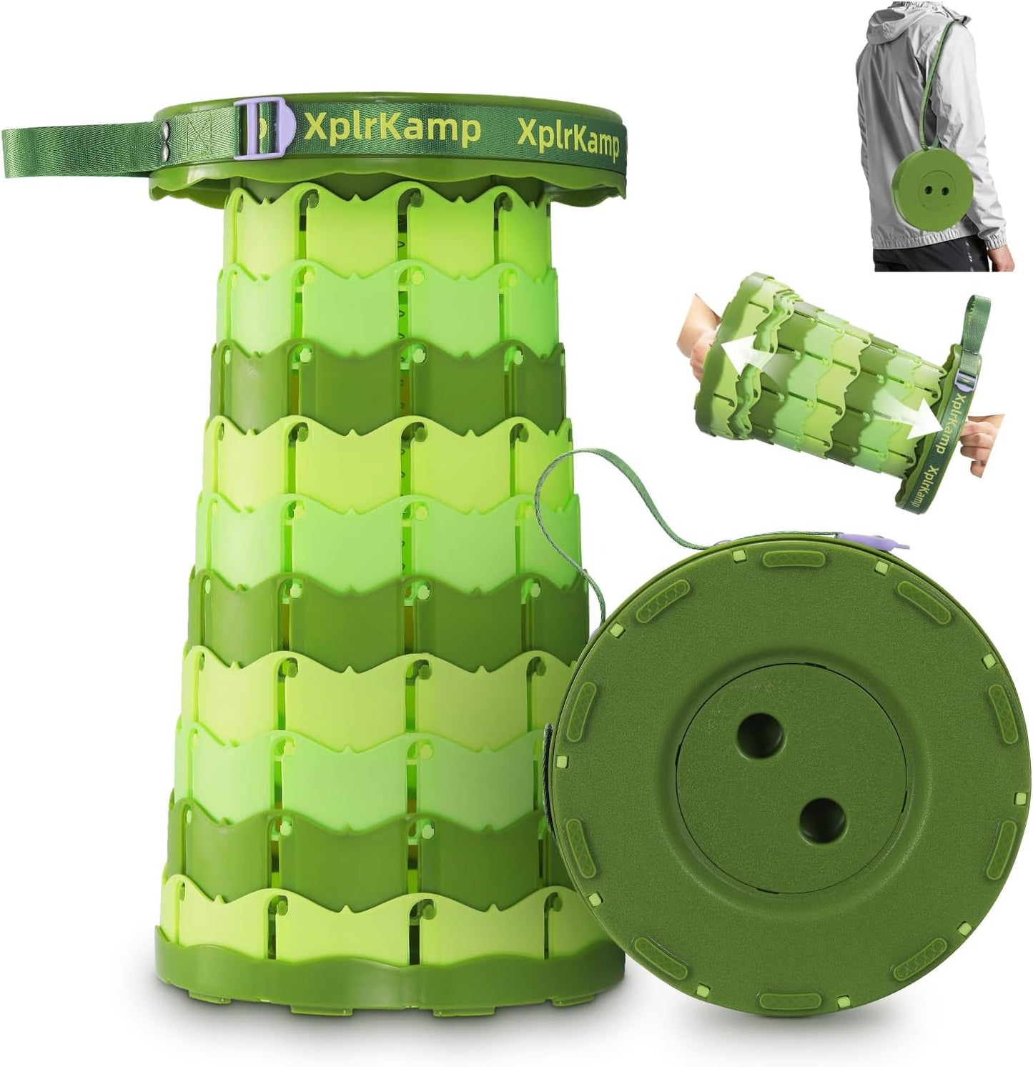 Retractable Folding Stool - Heavy Duty 400 lb Collapsible Portable Stool for Camping, Hiking, Fishing, Indoor/Outdoor with Non-Slip Base and Lightweight Design (Light Green, 1-Pack)