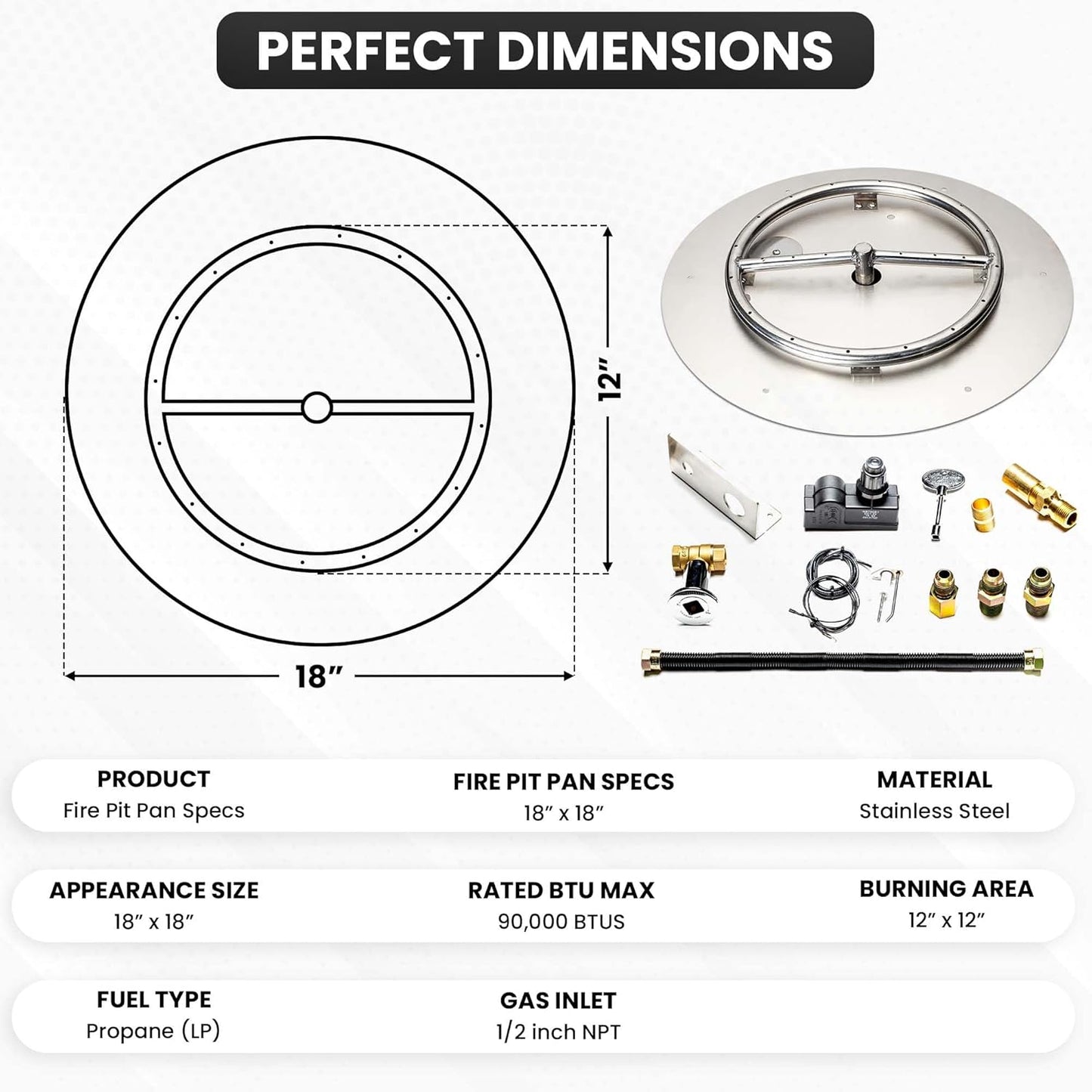 Stainless Steel Fire Pit Burner Pan & Ring Standard Kit with Spark Ignition for Liquid Propane, 18-Inch Pan, 12-Inch Ring, 90,000 BTU Max