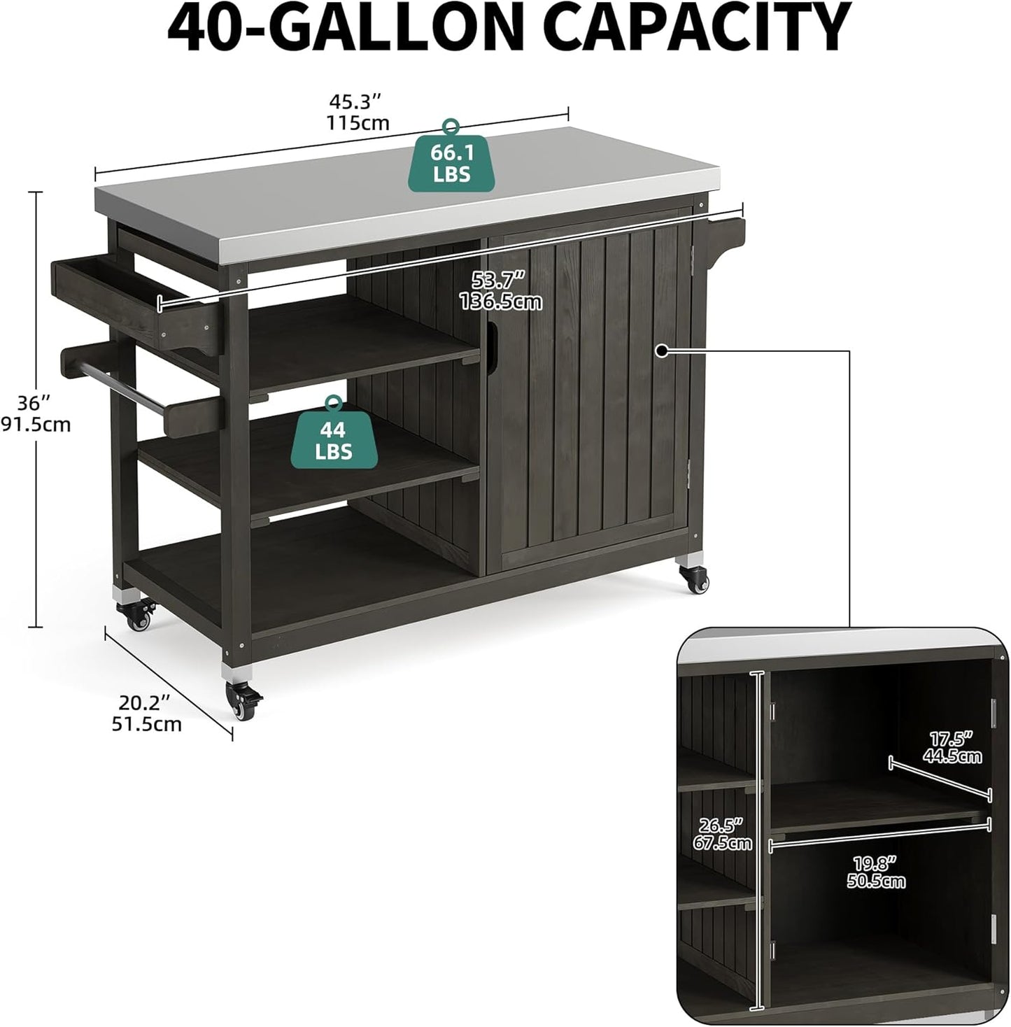 YITAHOME Solid Wood Patio Bar Table XL Outdoor Storage Cabinet Bar Table with Spice Rack and Lockable Wheels, Portable Outdoor Kitchen Island for Patio, Garden, Porch, Balcony, Brown