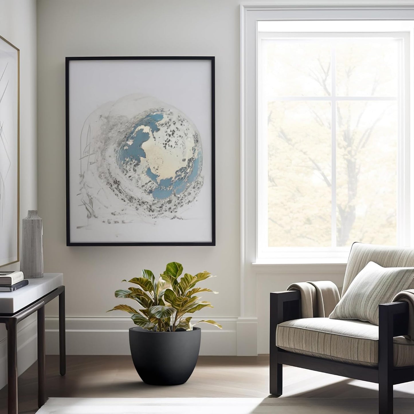 Kante 14.2 Inch Round Concrete Planter - Classic Large Indoor/Outdoor Plant Pot with Drainage Hole and Rubber Plug, Suitable for Gardens and Patios, Black Finish with Warm Brown Interior