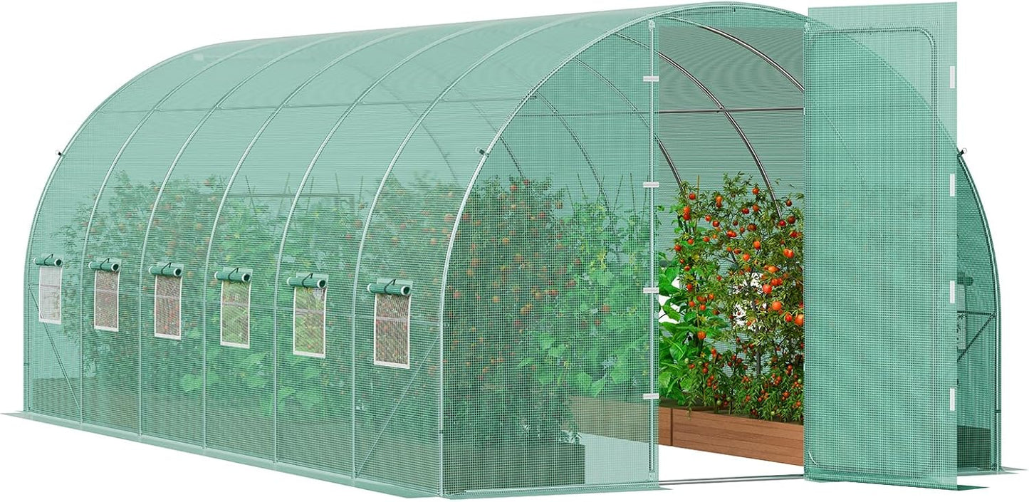 VEVOR Walk-in Tunnel Greenhouse, 19.4x9.7x7.4 ft Hoop House Greenhouse Tunnel, Plant Hot House with Galvanized Steel Frame, Green PE Cover, Swing Door and 12 Roll-up Windows for Outdoor