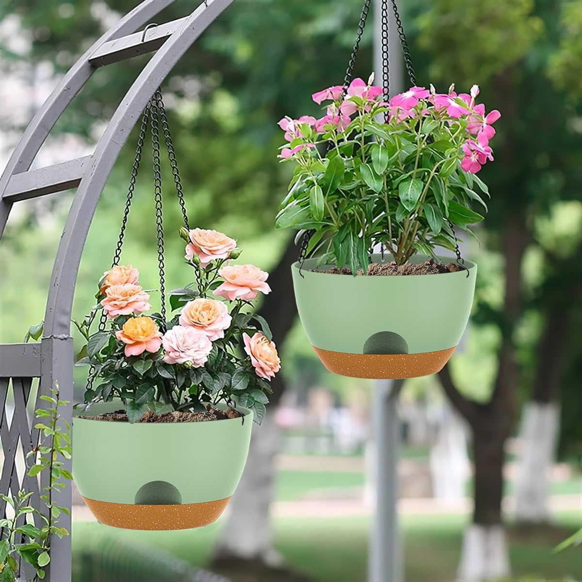 12 Inch Hanging Baskets 2 PC with Chains, Self-Watering Hanging Planters for Indoor Outdoor Plants, Plastic Hanging Flower Pots,Green Brown