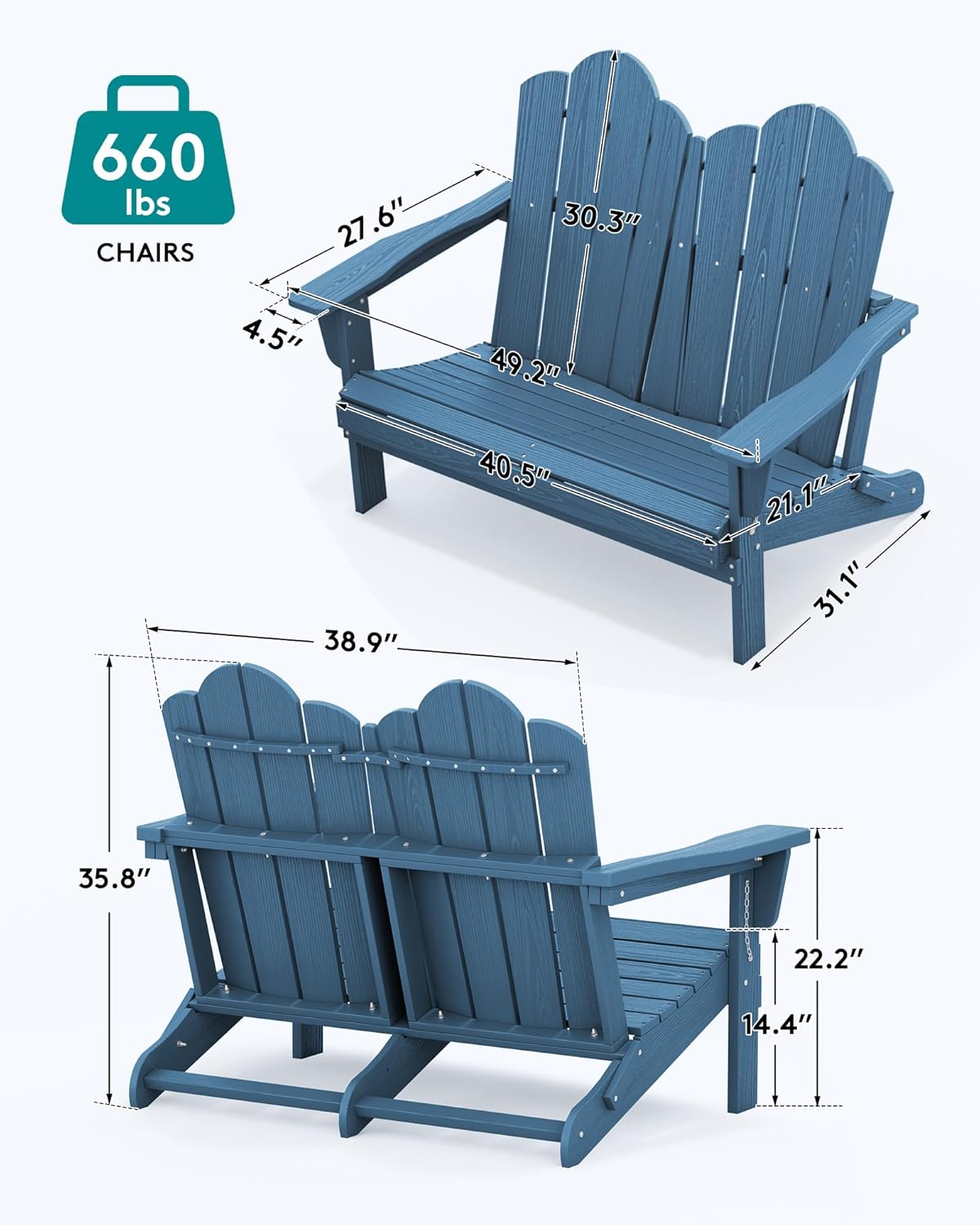 SERWALL 2 Person Adirondack Loveseat, HDPE All-Weather Folding Adirondack Bench Chair, Outdoor Adirondack Chair Set of 4, Navy