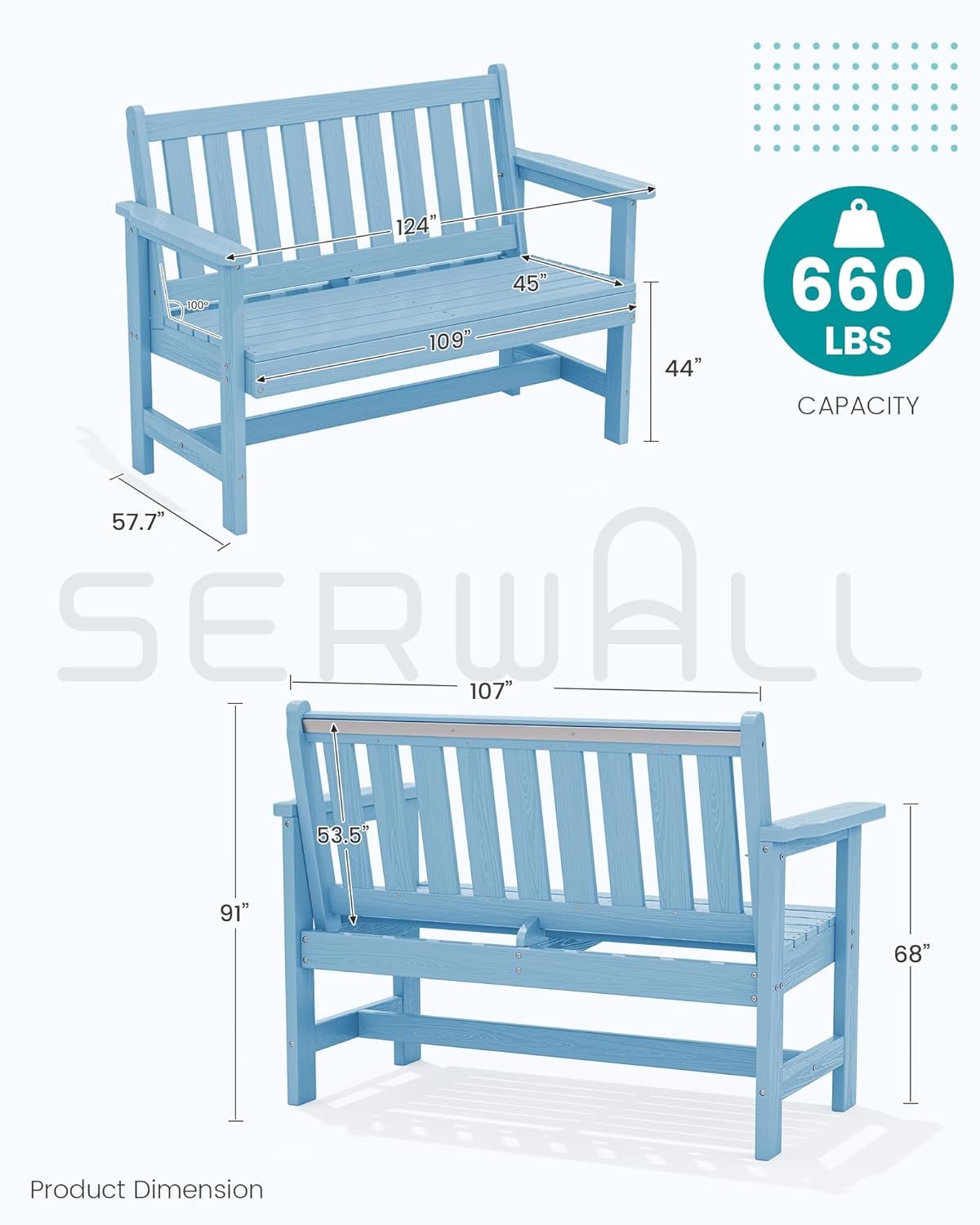 SERWALL Outdoor Bench, HDPE Outdoor Benches Weatherproof, 2-Person Garden Bench with 660 lbs Weight Capacity, Patio Benches for Outdoors, Garden, Porch, Backyard and Park, Light Blue, 4 Pack