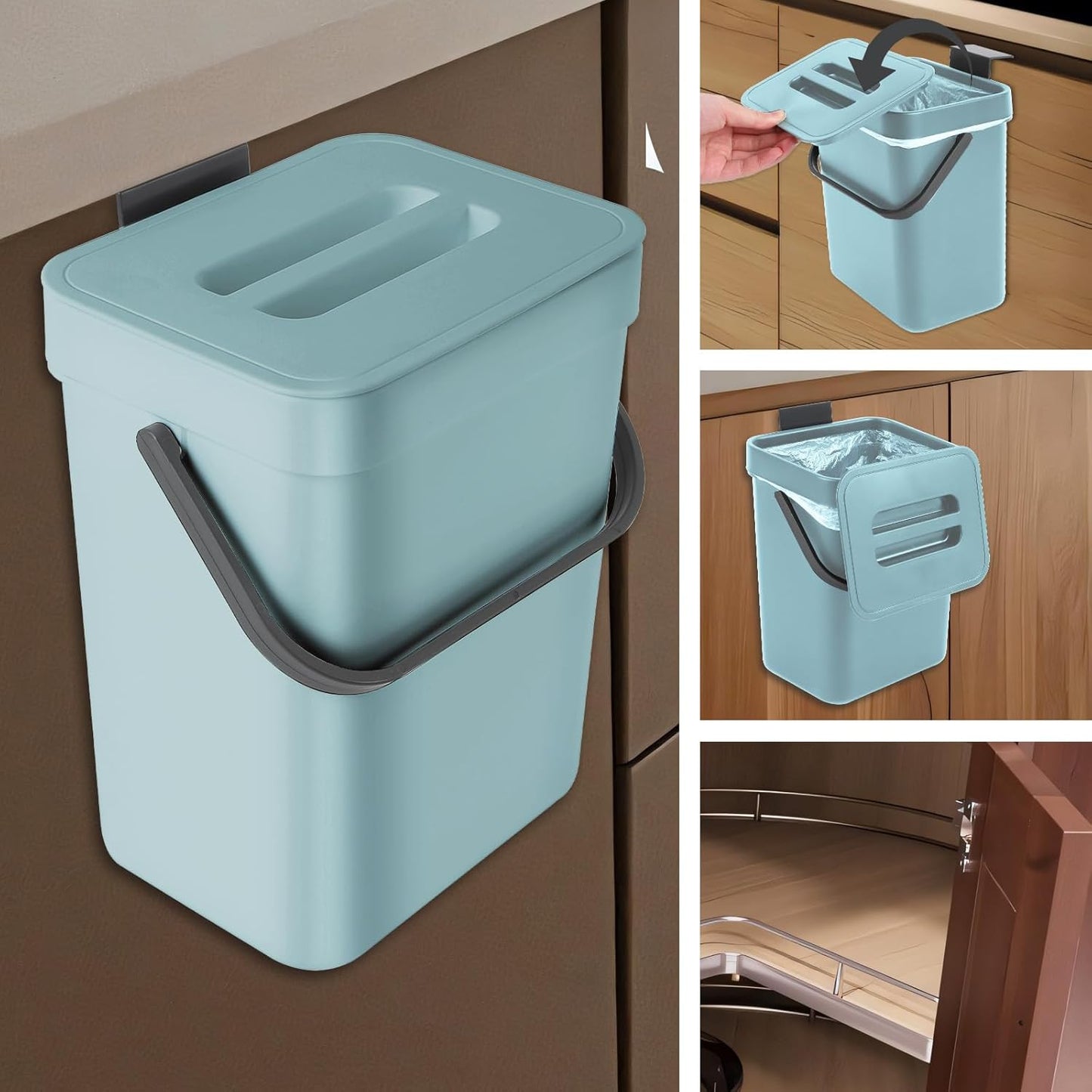 Compost Bin Kitchen, for use on Countertops or Under Sinks, Hanging Trash Can with Lid, for Cupboard/Bathroom/Bedroom/Office/Camping, Mountable Indoor Compost Bucket(Blue 1.3 Gallon/5L)