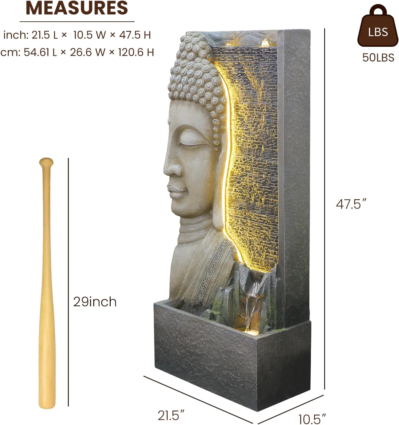 47.5" Buddha Water Fountain Outdoor with LED Lights, Large Zen Garden Waterfall Feature with Double Bubblers and Stream, Resin Statue for Patio, Yard, Porch, Meditation Decor