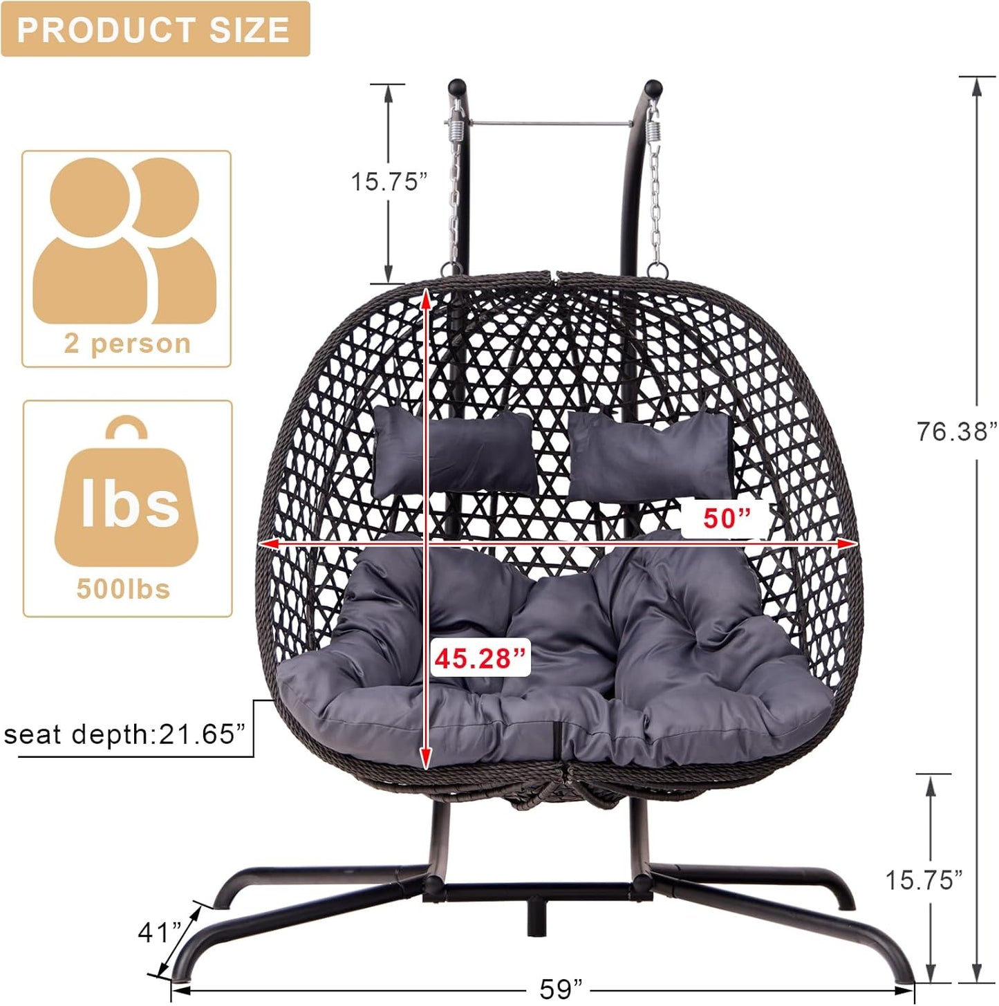 Double Hanging Swing Egg Chair with Stand, Hexagon Wicker Hammock Swing Chair for Outdoor Garden Patio, 2 Person Egg Chair with Foldable Loveseat Removable Cushions (Dark Grey)
