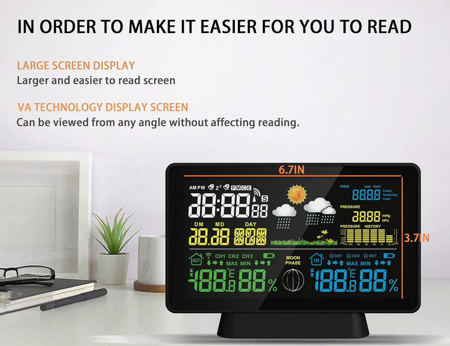 BIUWING Wireless Rain Gauge and Weather Station, Digital Rain Gauge Outdoor Home Weather Stations with Thermometer, Hygrometer, Atomic Clock, Forecast and Barometer, Weather Station with Rain Gauges