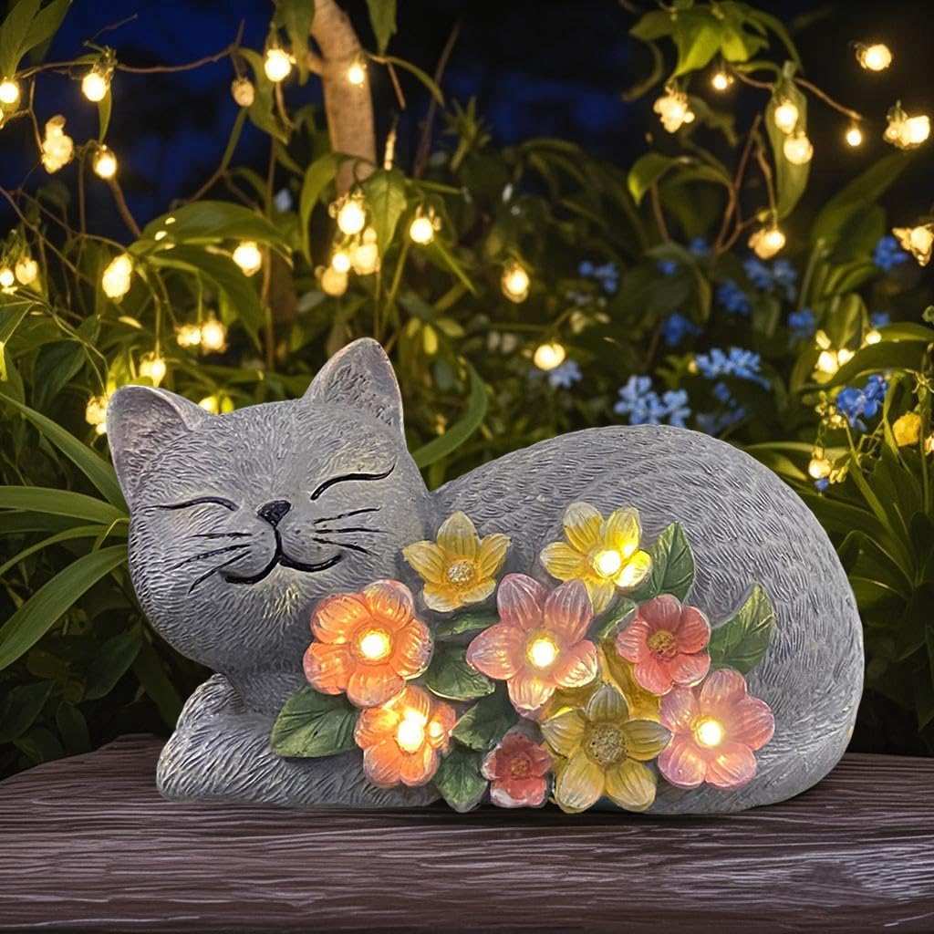 Solar Cat Outdoor Statue, Resin Solar Cat Lights with Flower for Outside, Garden Cats Figurine for Lawn Porch Yard Art - Birthday Gifts for Mom Grandma Women