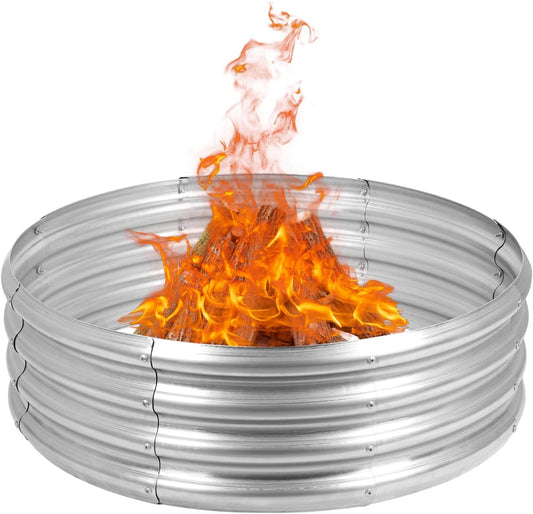 OUSHENG Galvanized Fire Pit Ring for Outside Wood Burning, Metal Firepit Liner for Above Ground Outdoor Camping Beach Backyard Park