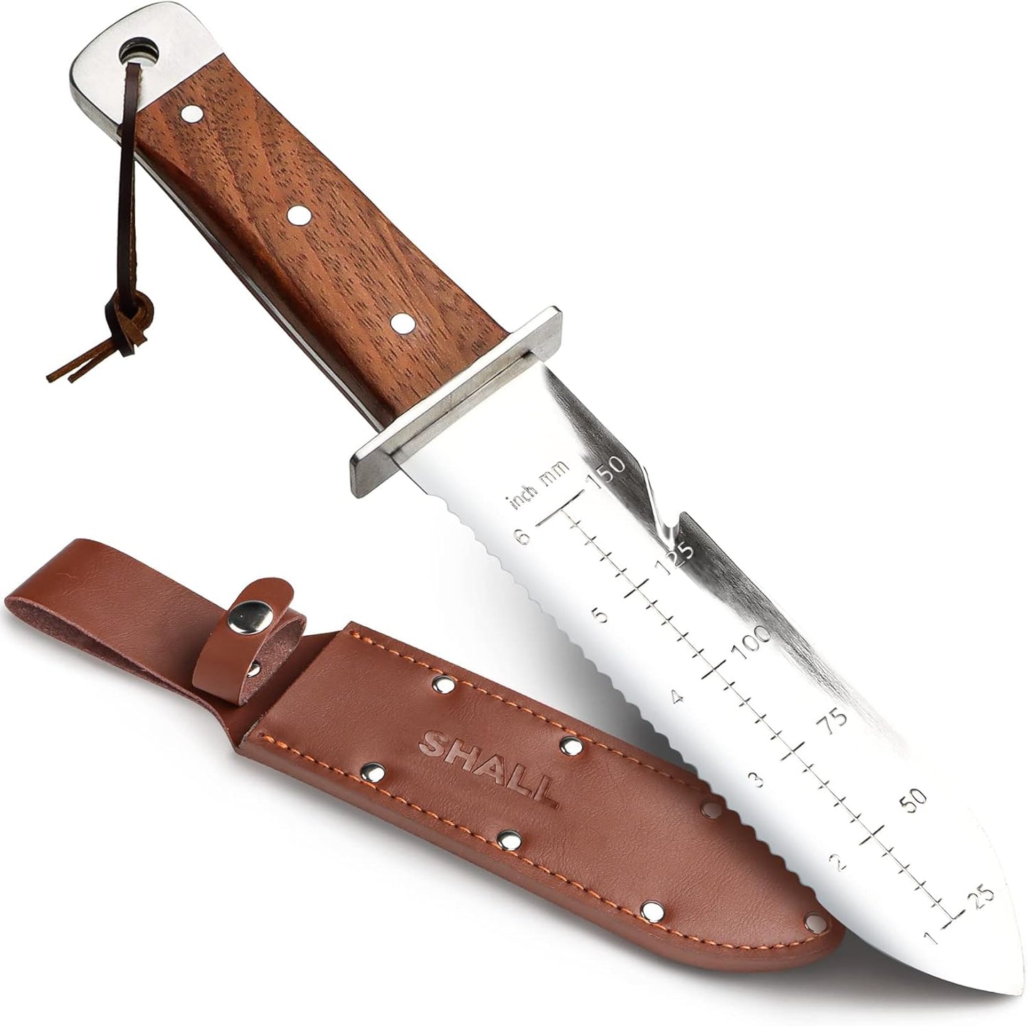 SHALL Hori Hori, Japanese Garden Knife, Soil Knife with Leather Sheath, Rosewood Handle & Hide Rope, 7” Stainless Steel Blade, Rope Cutting Edge, for Digging, Weeding, Planting, Full-Tang
