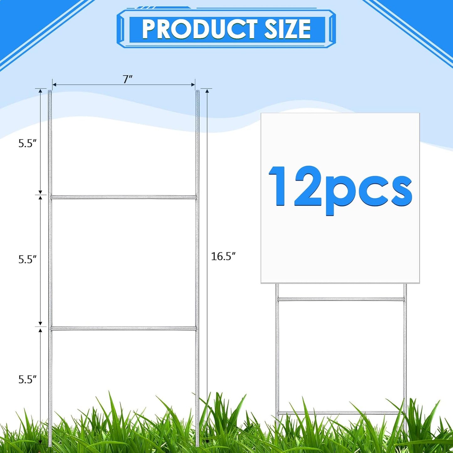 12 Pcs H Stakes for Yard Signs 16.5'' x 7'' Heavy Duty Metal H Frame Wire Stakes Weatherproof Metal Holder for 4mm 5mm Corrugated Signs Guidepost Yard Halloween Decoration