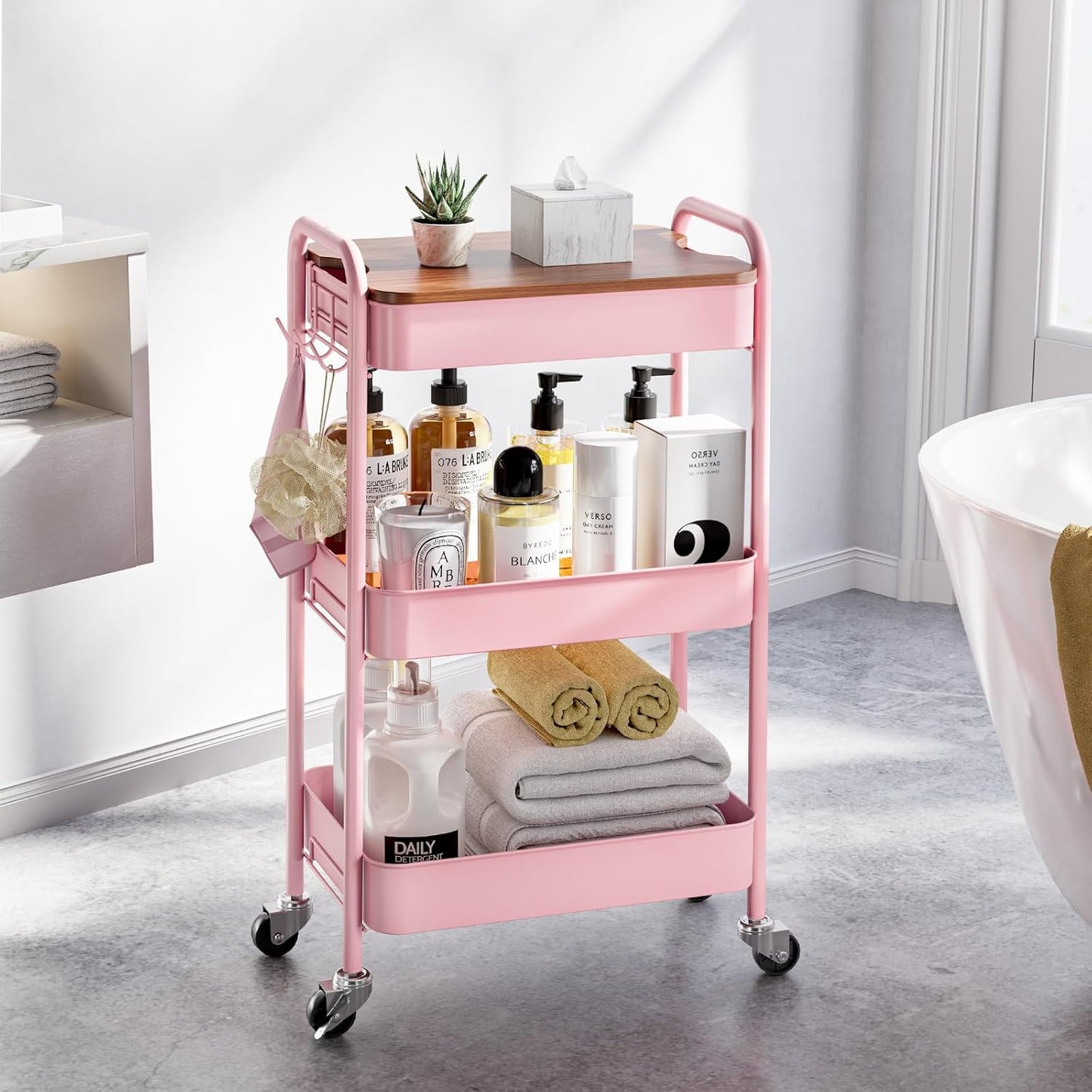 TOOLF 3-Tier Rolling Cart with Table Top, Metal Storage Cart on Wheels, Utility Organizer with Wooden Tray, Lockable Casters, Easy Assembly for Bathroom, Living Room, Office, Bedside, Pink