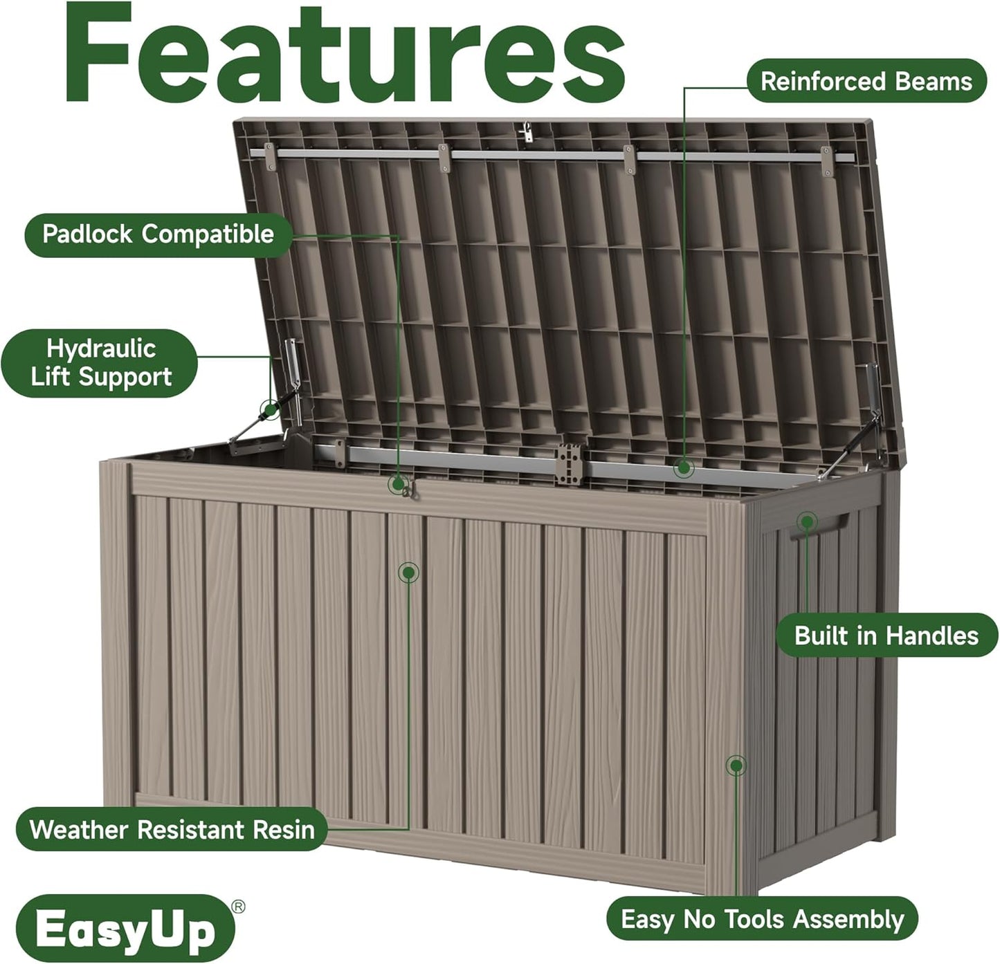 150 Gallon Outdoor Storage Box Waterproof, UV Resistant Resin Deck Box with Hydraulic Rod, Reinforced Stability for Patio, Garden, and Pool, Striped Gray