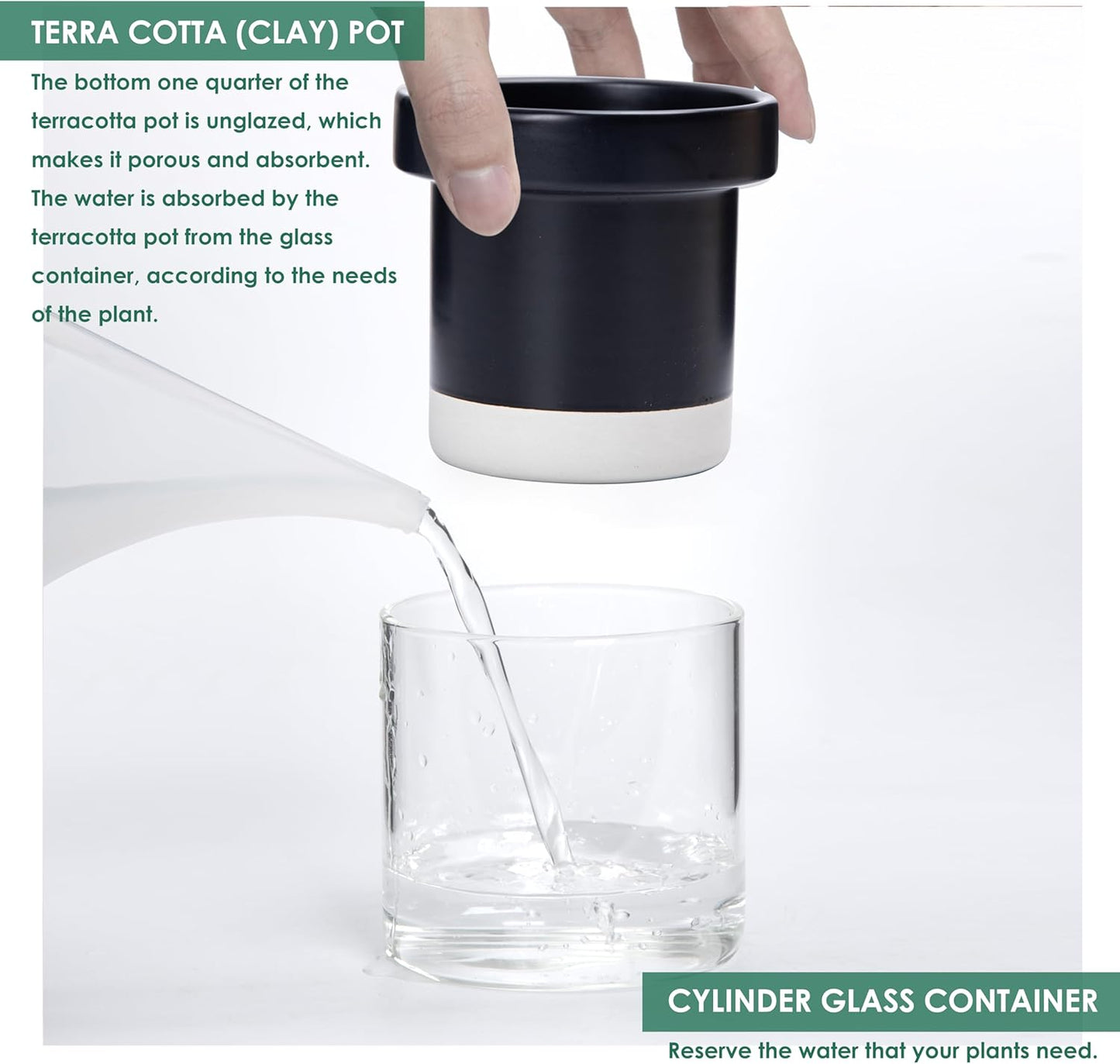 Phoenix Vine 4 Inch Self Watering Planter Pot, Black Terracotta Clay Pot with Glass Reservoir for Indoor Plants, Herbs, Flowers, Set of 3, 52-C-E-3