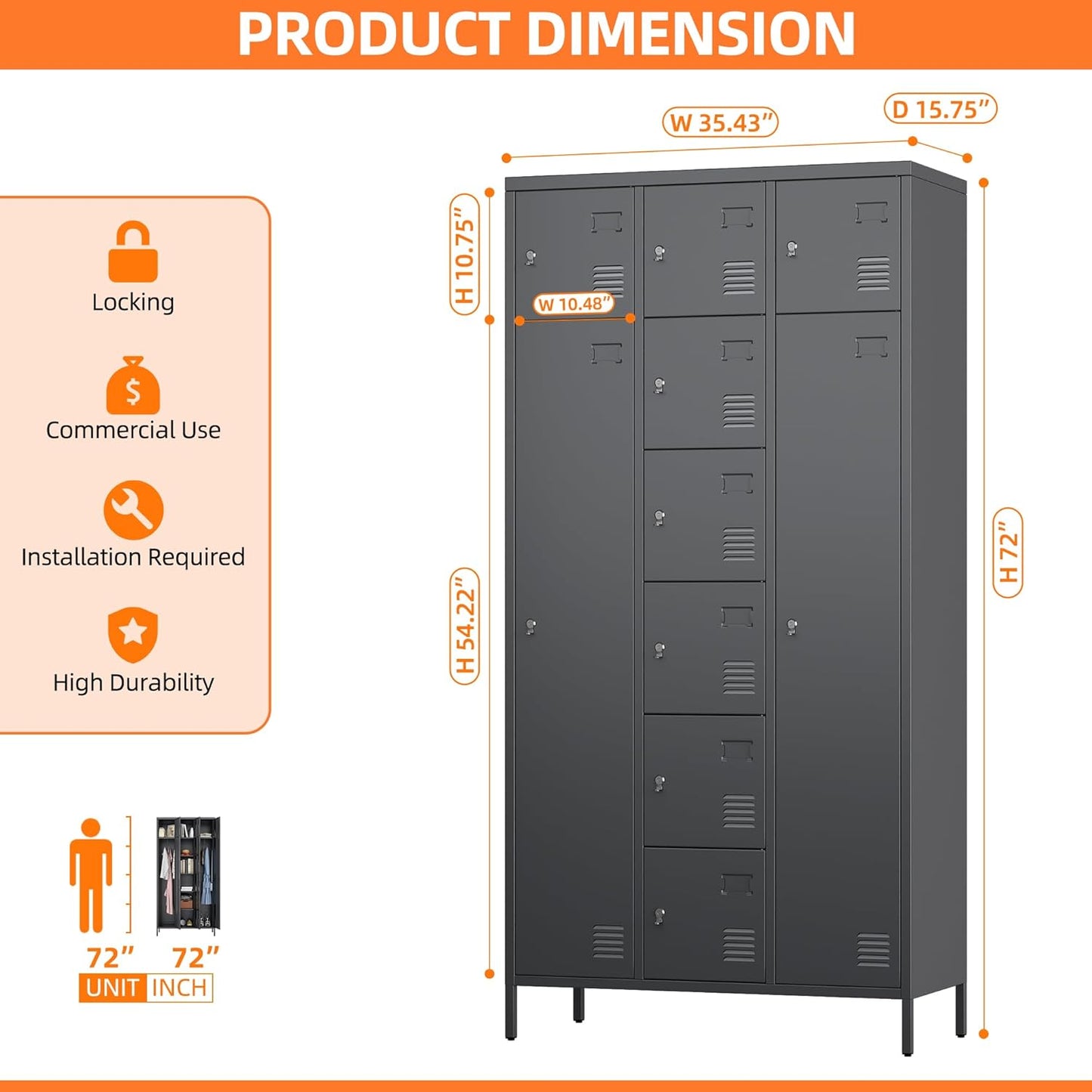 72" H Metal Storage Lockers with Doors,Industrial Combination Employee Lockers with Hooks for Office,Home Gym,School,Assembly Required,8+2Doors,Grey