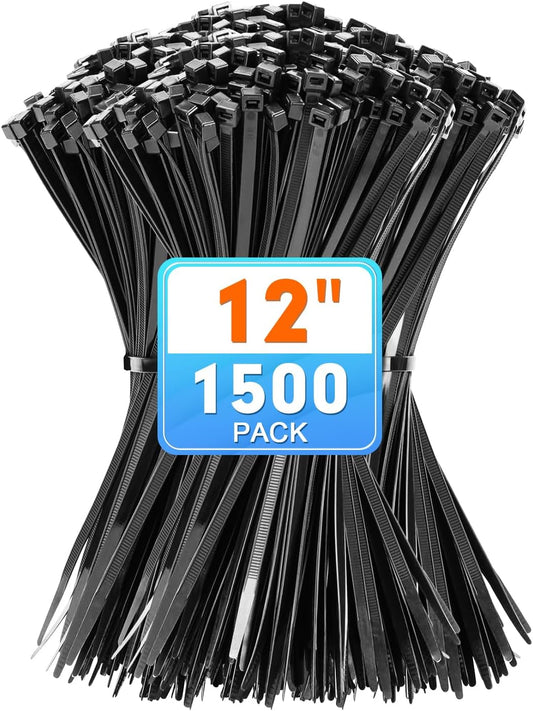 Zip Ties, KAMOTA 1500pcs 12 Inch Heavy Duty Self-Locking Nylon Zip Ties, Black Cable Ties with 50lb Tensile Strength, UV Resistant Cable Tie for Indoor and Outdoor Use