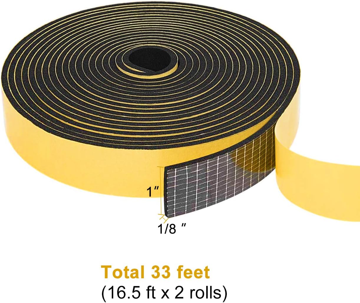 TORRAMI Door Seal 1 inch W x 1/8 inch T x 16.5 Ft Length, Foam Soundproofing Insulation Weather Stripping Gasket (Total 33 Ft Length, 2 Rolls of 16.5 Ft Each)