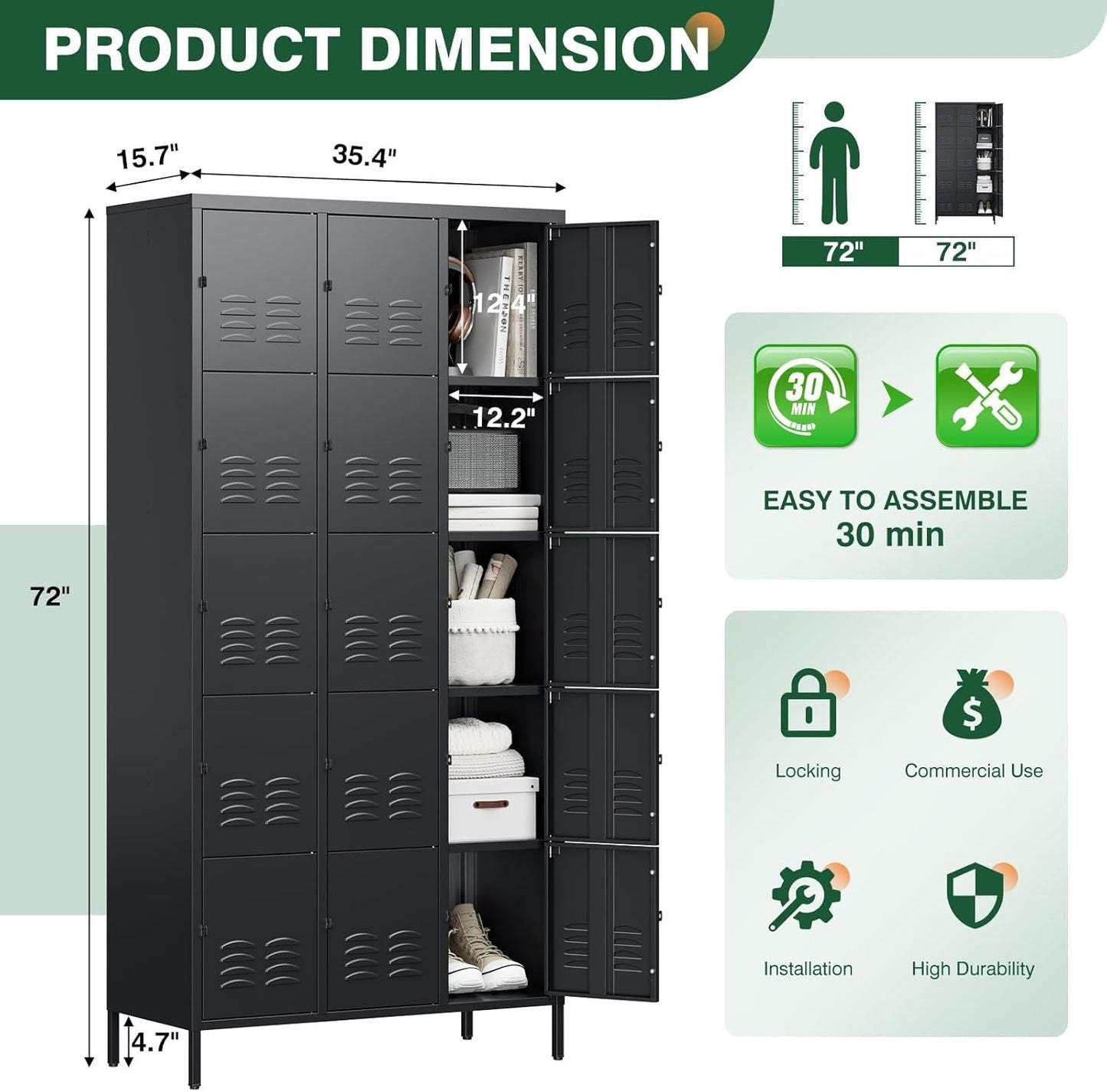 Letaya Metal Lockers for Employees-15 Door Storage Locker with Shelves and Lockable Steel Cabinet for School,Gym,Office,Staff(Black, 15 Door)