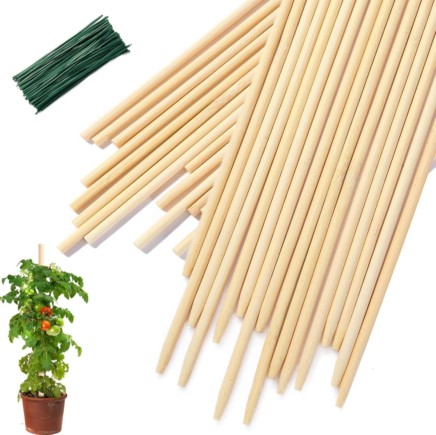 40 PCS Bamboo Plant Stakes 18 Inch, Wood Plant Support for Gardening for Potted Floral Plant, Indoor Wooden Sign Posting Garden Stick, Crafts Sticks with 40 PCS Wires(4")