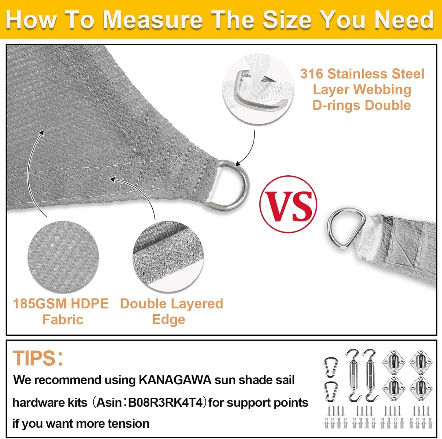 KANAGAWA Sun Shade Sail 20'x20' Grey Rectangle UV Block Canopy Awning Shelter Fabric Cloth Screen for Outdoor Patio Garden Backyard