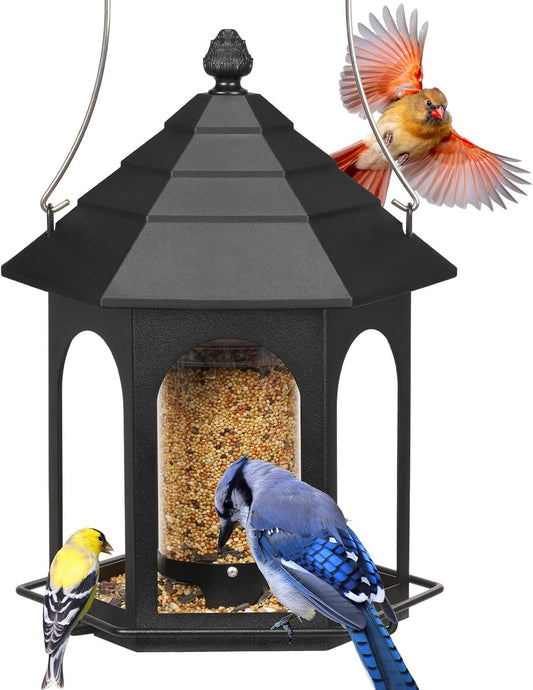 Kingsyard Metal Bird Feeder for Outdoors Hanging, 3 lbs Seed Feeder, Wild Bird Feeders for Garden Cardinal Finch Bluebird, Easy to Fill & Clean, Black